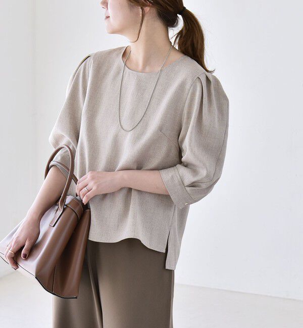 quaranciel「《予約》quaranciel:〈洗濯機可能〉リネンライク パフスリーブ クルーネック ブラウス」|シャツ・ブラウス|