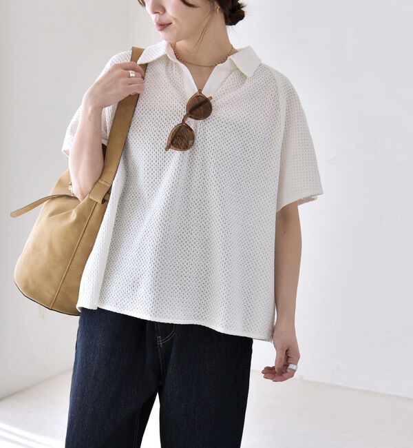 quaranciel「《予約》quaranciel:〈手洗い可能〉コットン 刺繍 スキッパー ギャザー プルオーバー シャツ」|シャツ・ブラウス|