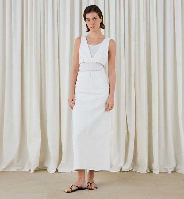 DES PRES「ペインティングホワイトデニム ブラレット付きマキシスカート」|タイト|