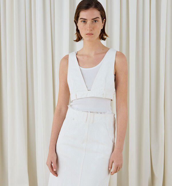 DES PRES「ペインティングホワイトデニム ブラレット付きマキシスカート」|タイト|