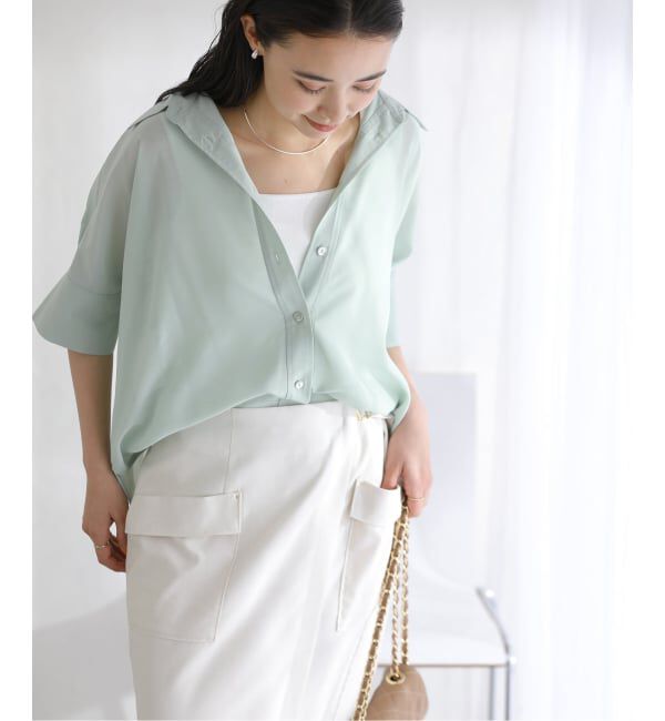  「《予約》【洗える】ドルマンハーフスリーブシャツ」|シャツ・ブラウス|グリーン