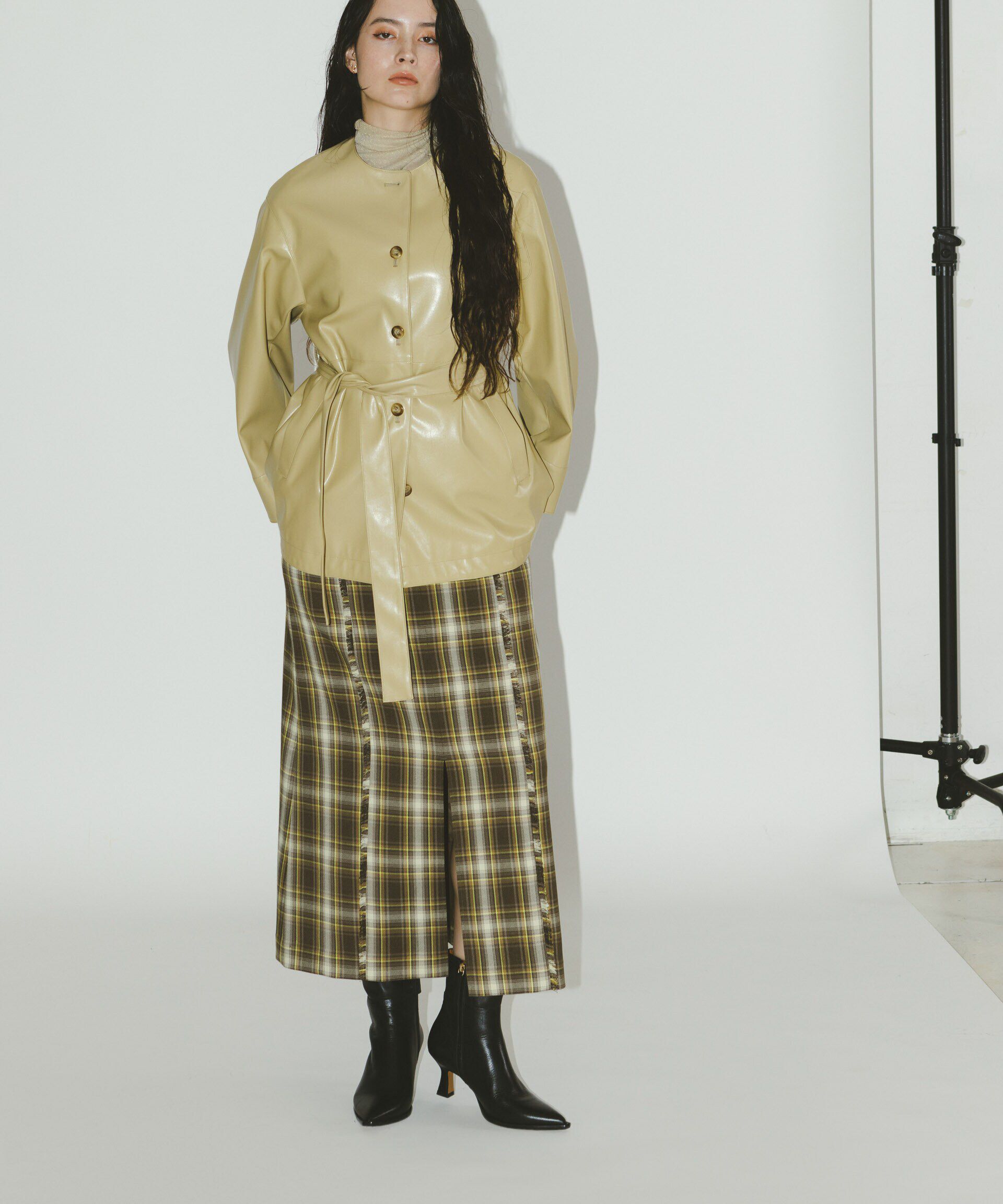 nano･universe「チェックスリットロングスカート」|スカート|カーキ