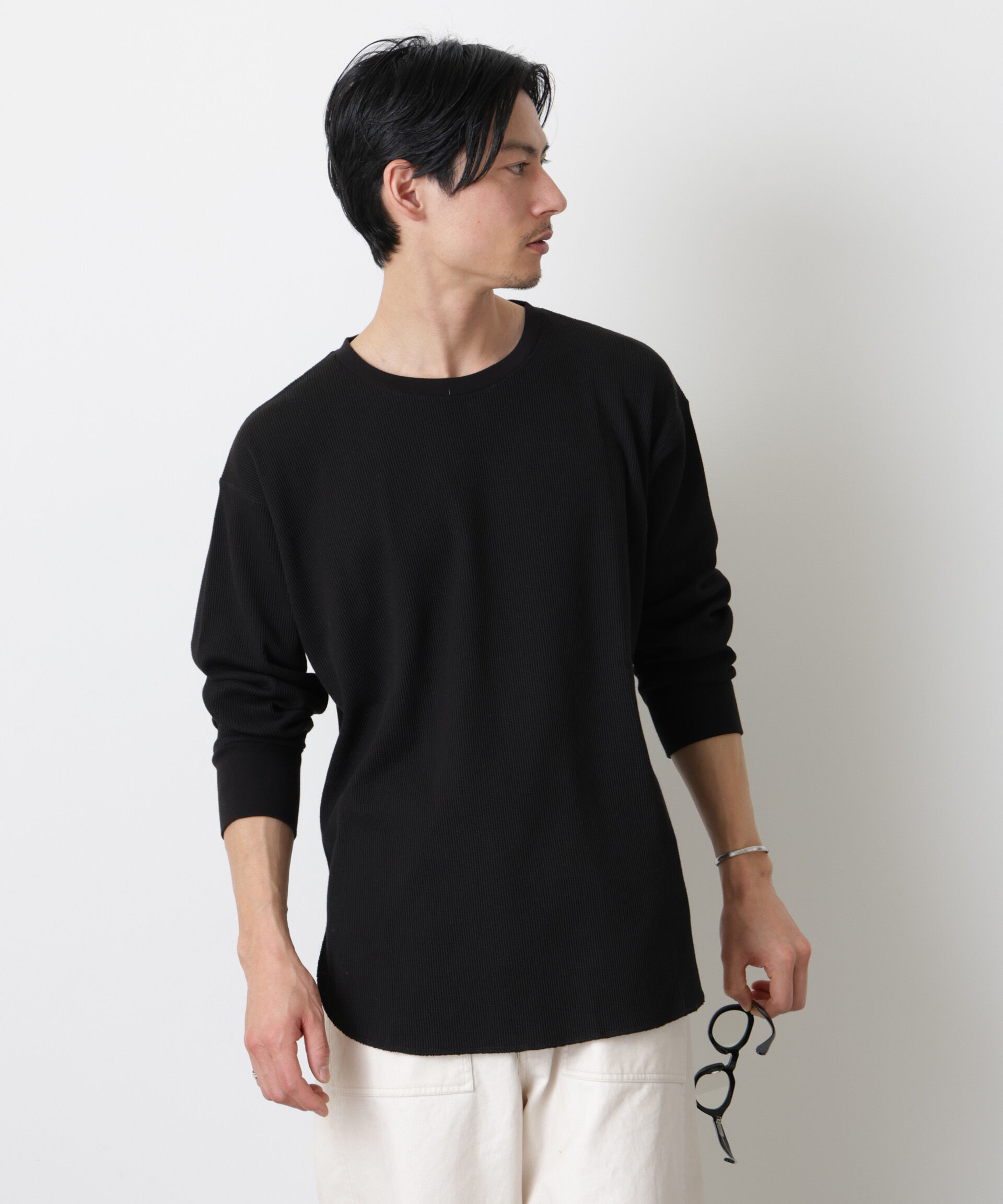 nano･universe「ミニワッフルクルーネックTシャツ 長袖」|Tシャツ・カットソー|ブラック