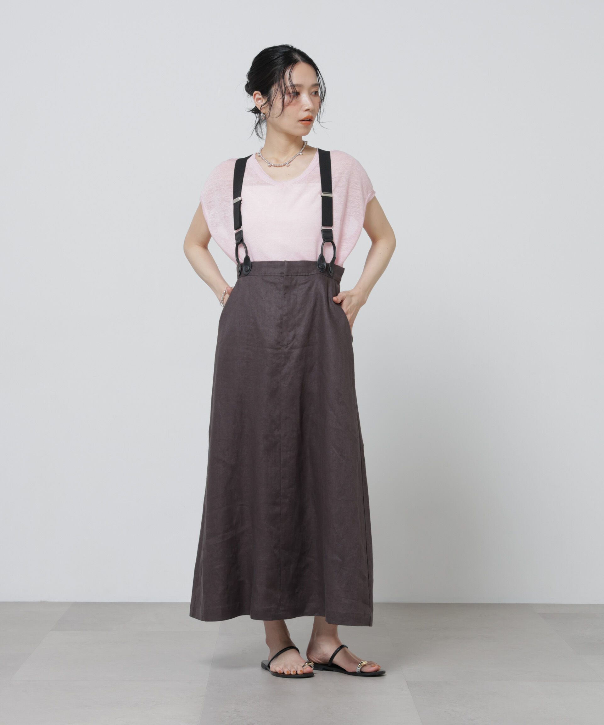 nano･universe「European Flax サスペンダー付きスカート(セットアップ可)」|スカート|チャコール3