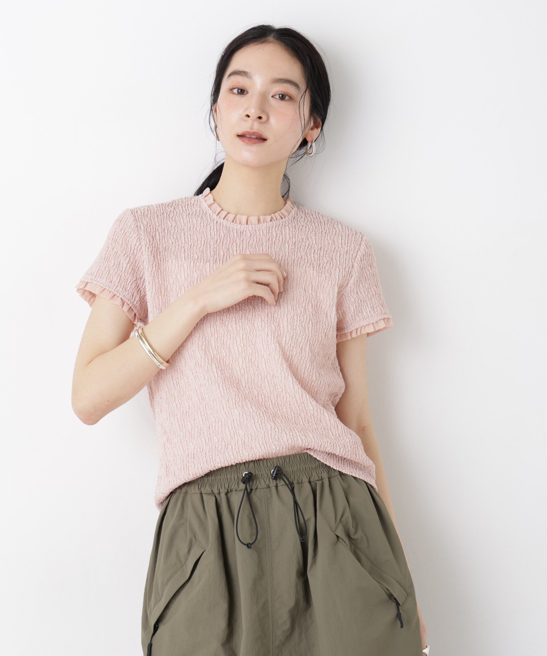 nano･universe「ランダムリンクルフリルトップス」|Tシャツ・カットソー|ピンク