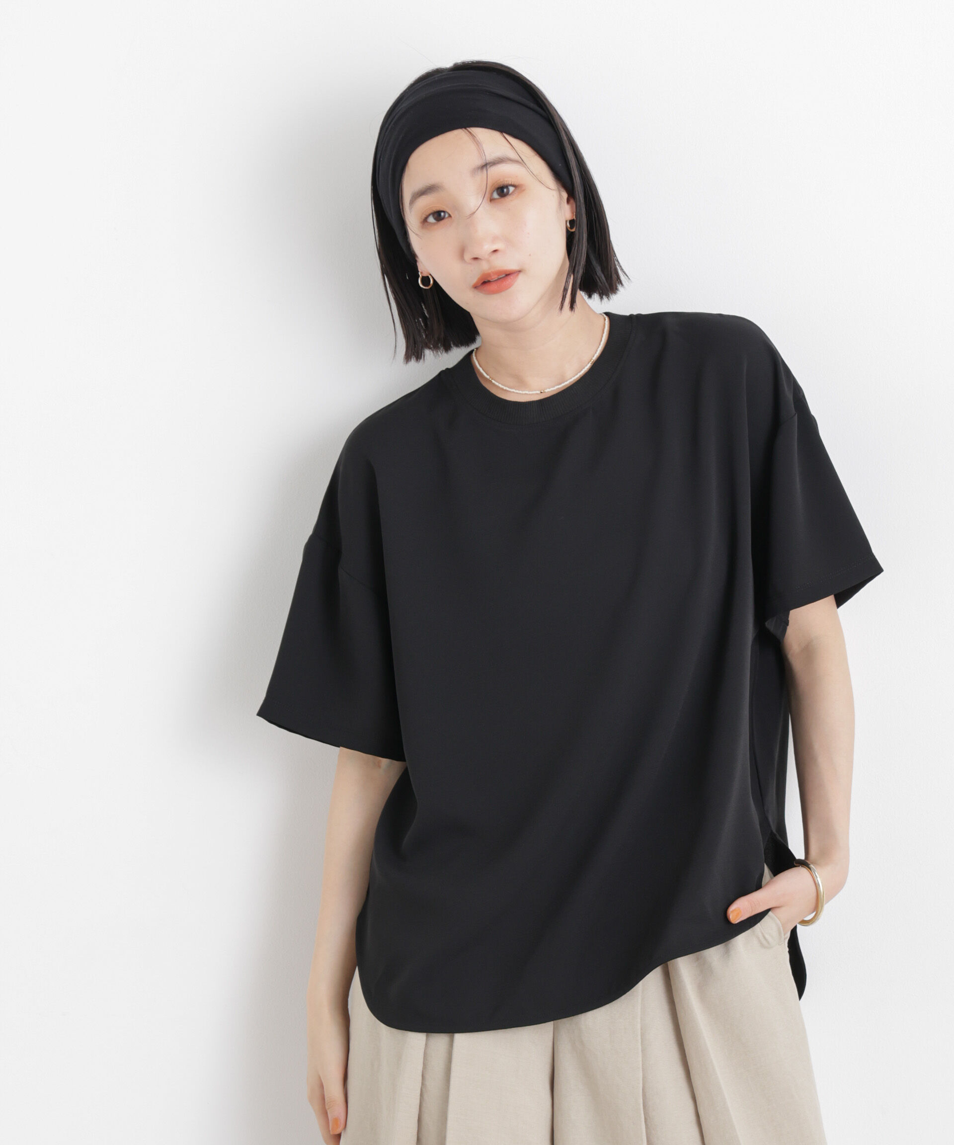 nano･universe「カットジョーゼットラウンドヘムTブラウス」|Tシャツ・カットソー|ブラック