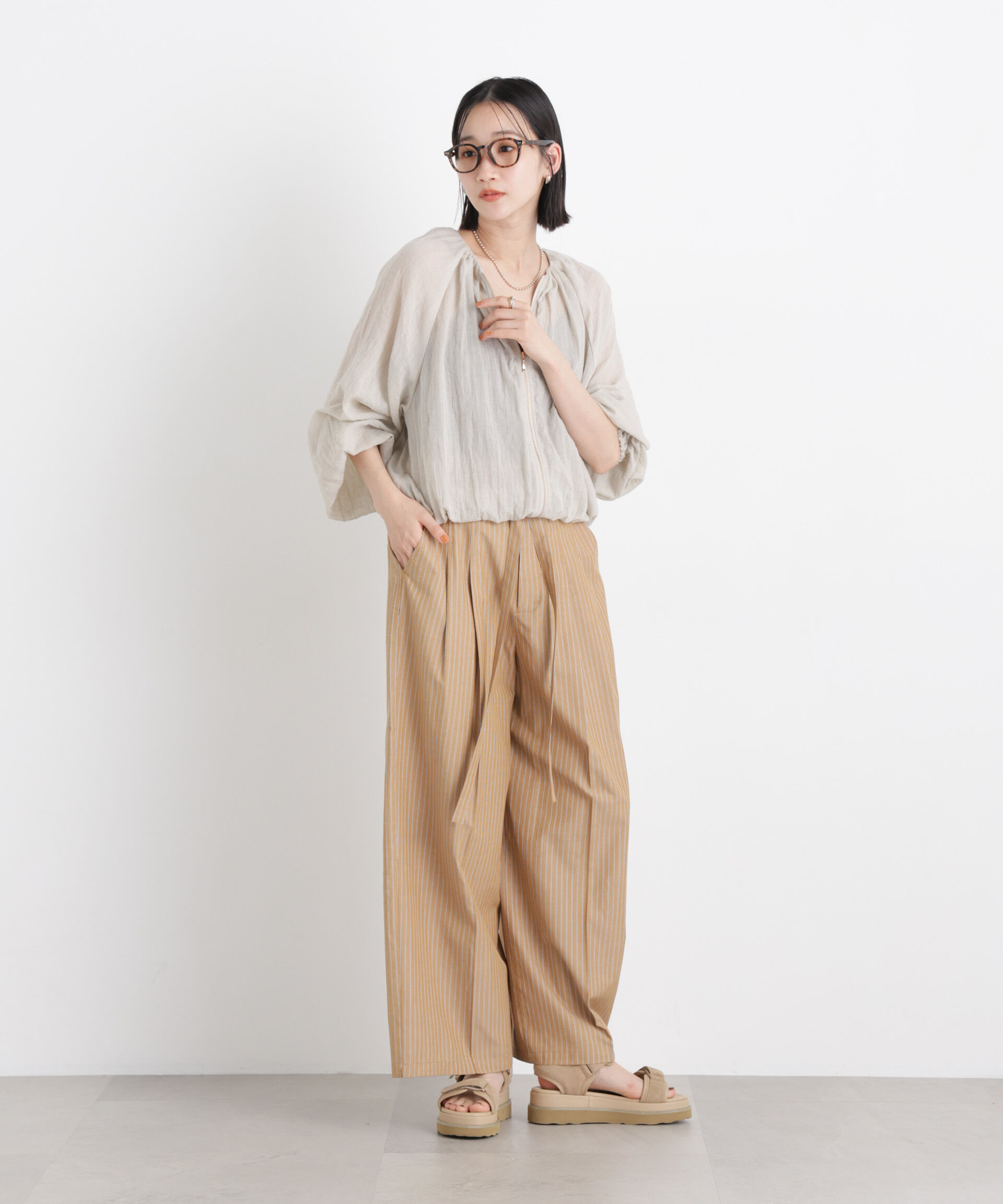 nano･universe「ドビーストライプベルト付タックワイドパンツ(セットアップ可)」|チノ|
