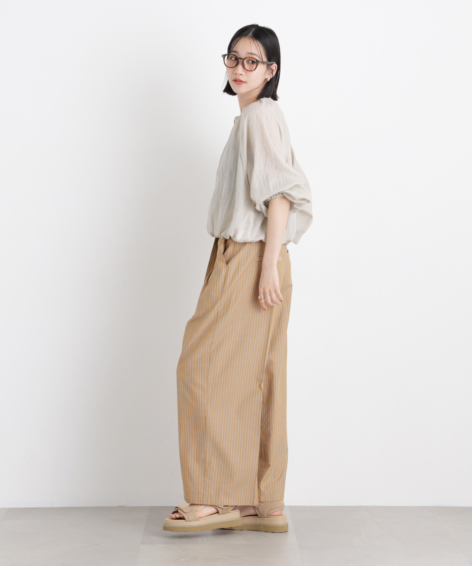 nano･universe「ドビーストライプベルト付タックワイドパンツ(セットアップ可)」|チノ|