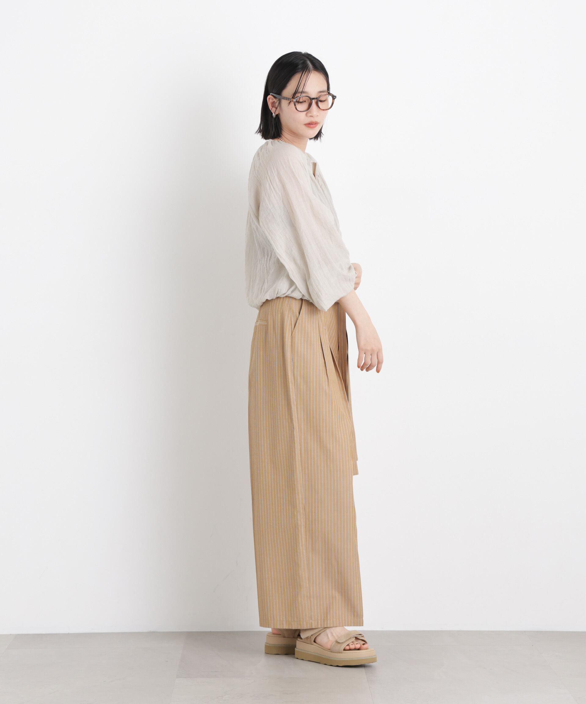 nano･universe「ドビーストライプベルト付タックワイドパンツ(セットアップ可)」|チノ|