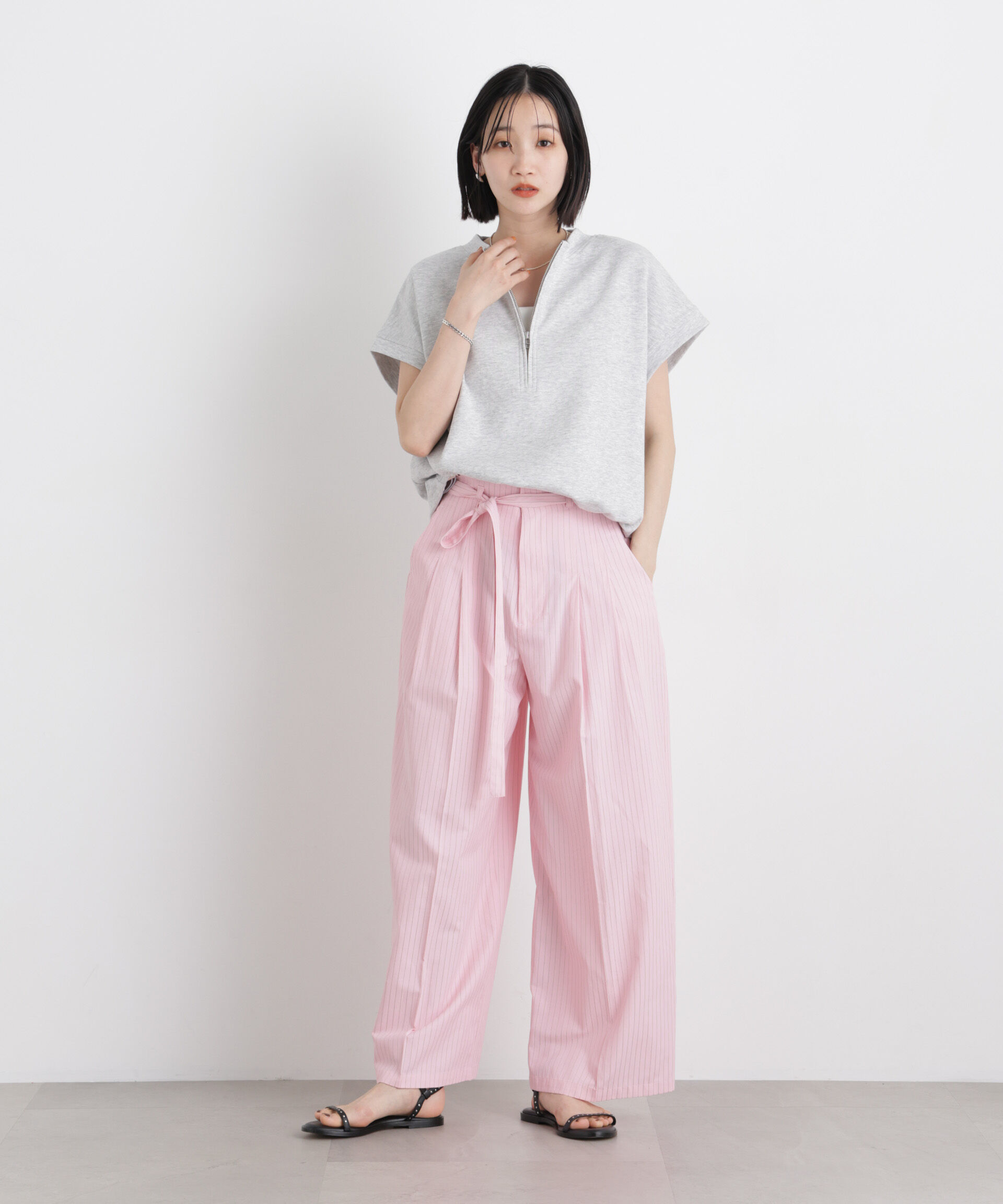 nano･universe「ドビーストライプベルト付タックワイドパンツ(セットアップ可)」|チノ|