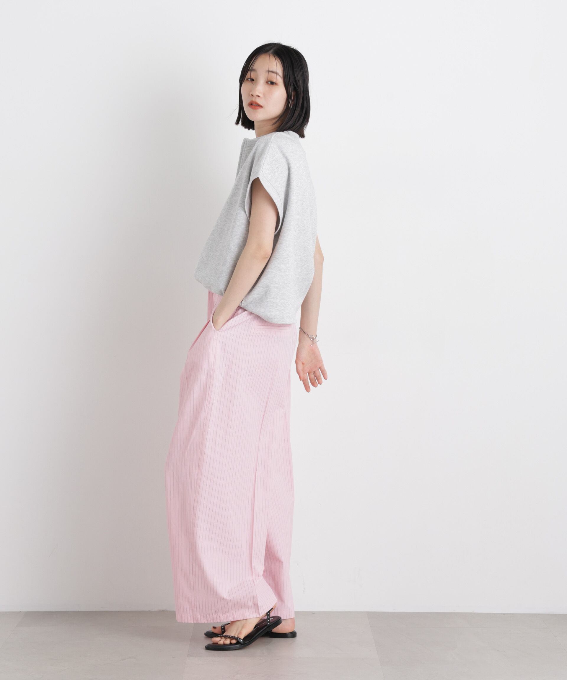 nano･universe「ドビーストライプベルト付タックワイドパンツ(セットアップ可)」|チノ|