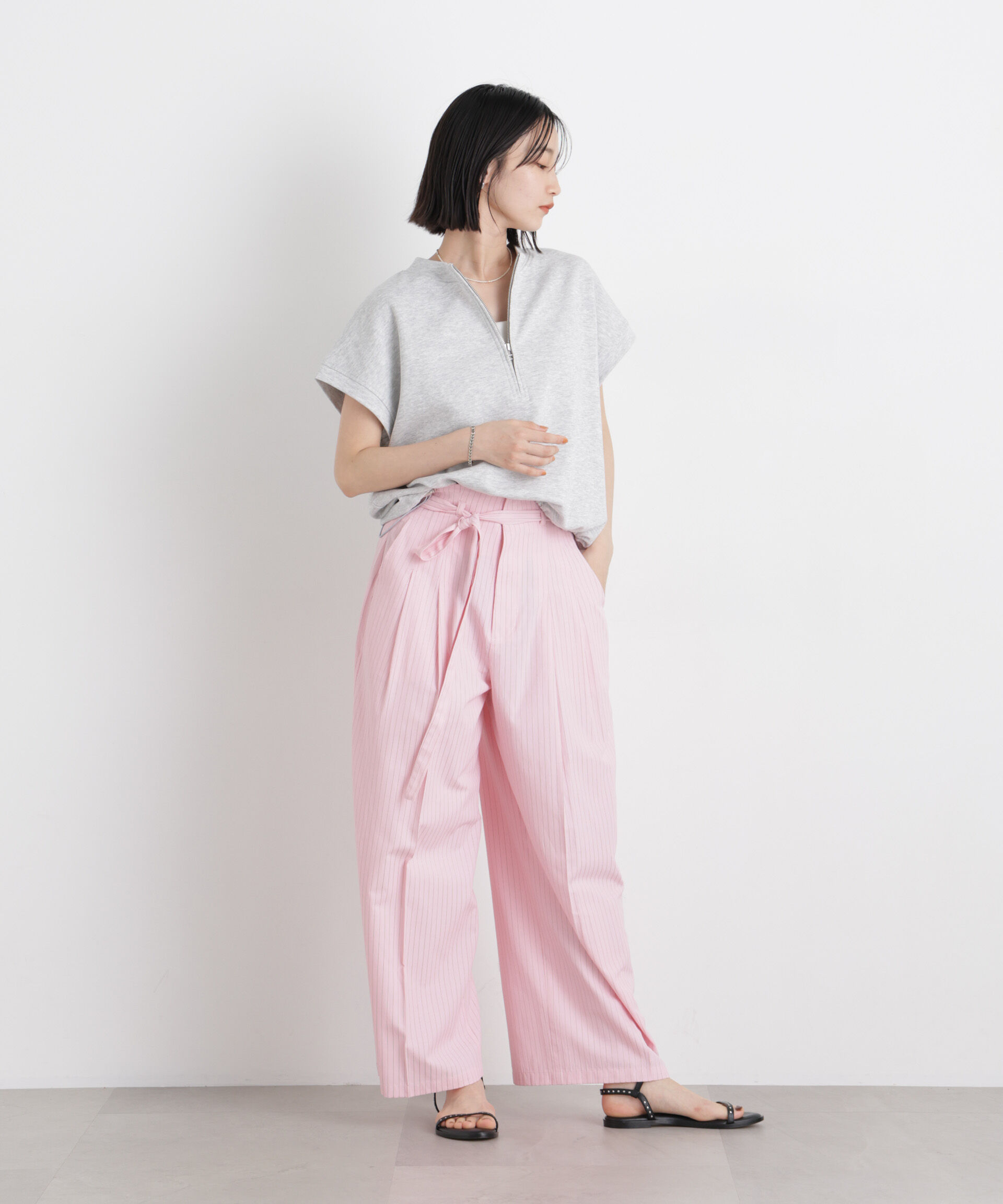 nano･universe「ドビーストライプベルト付タックワイドパンツ(セットアップ可)」|チノ|