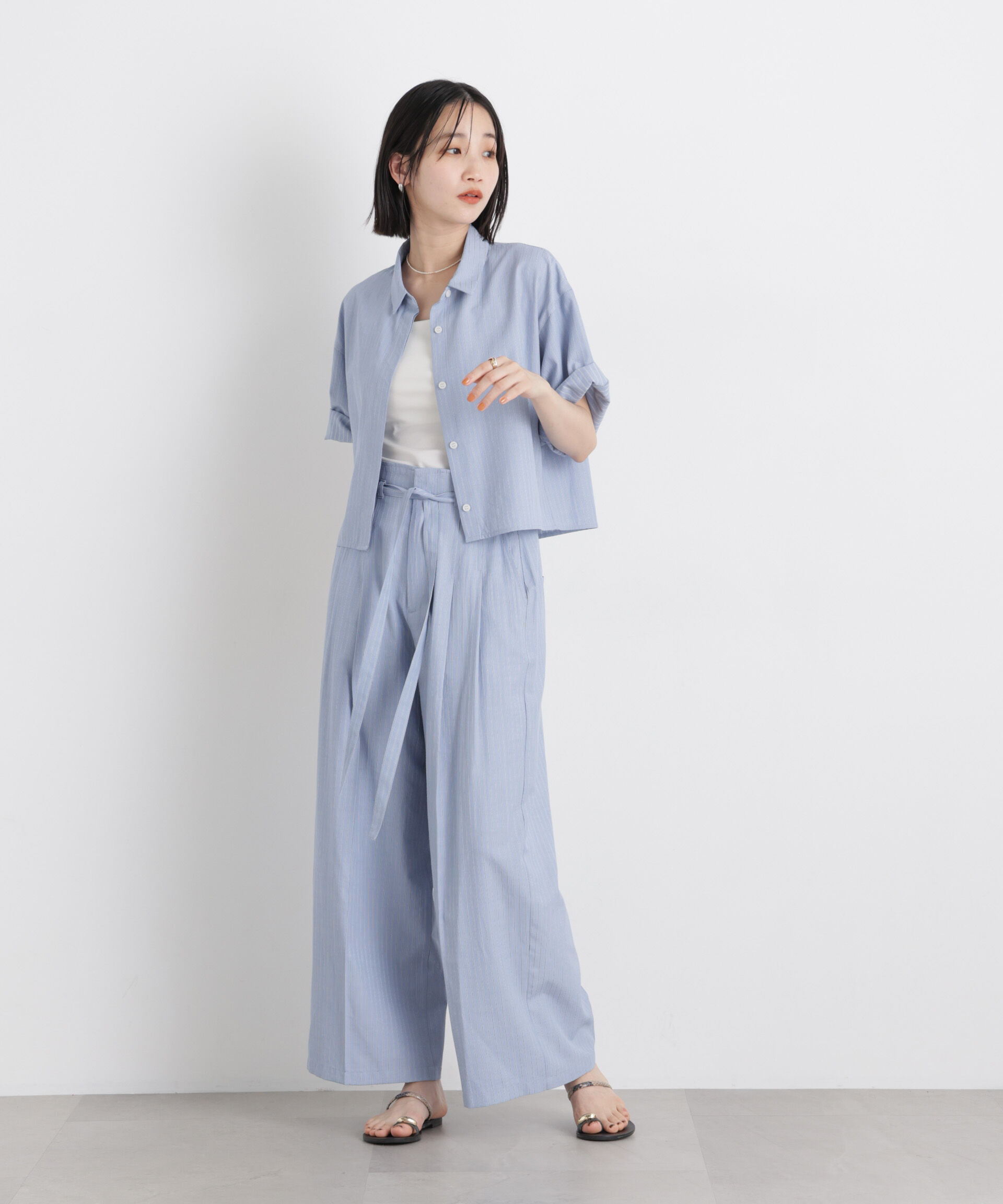 nano･universe「ドビーストライプベルト付タックワイドパンツ(セットアップ可)」|チノ|