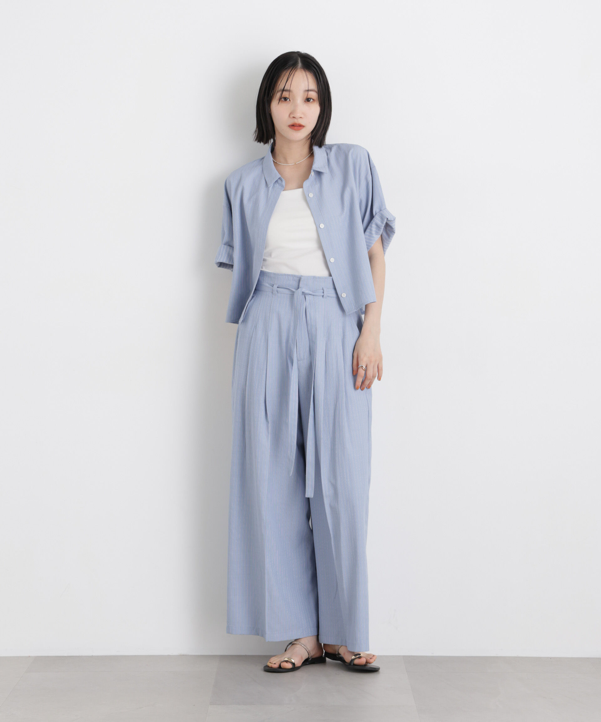 nano･universe「ドビーストライプベルト付タックワイドパンツ(セットアップ可)」|チノ|