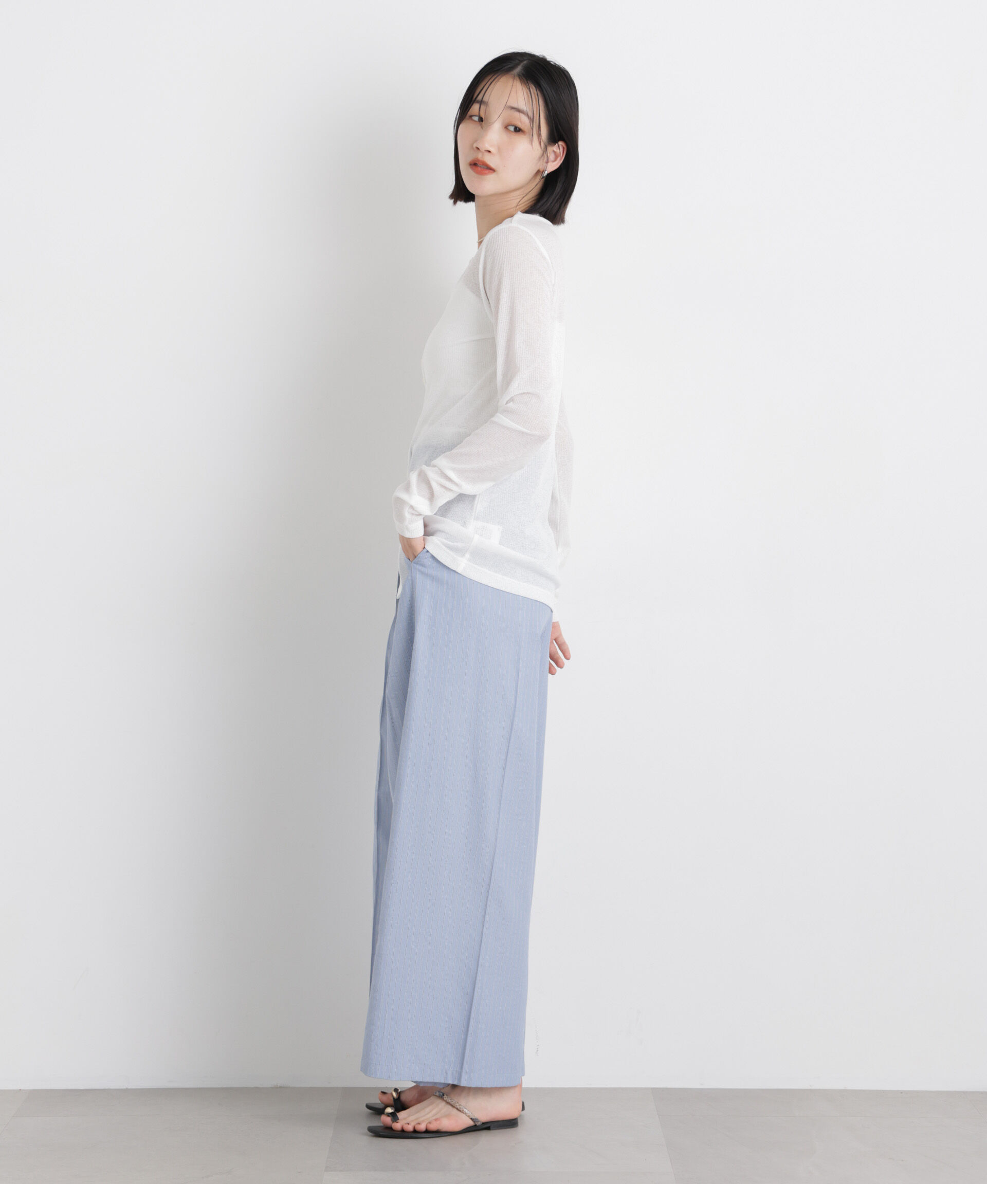 nano･universe「ドビーストライプベルト付タックワイドパンツ(セットアップ可)」|チノ|