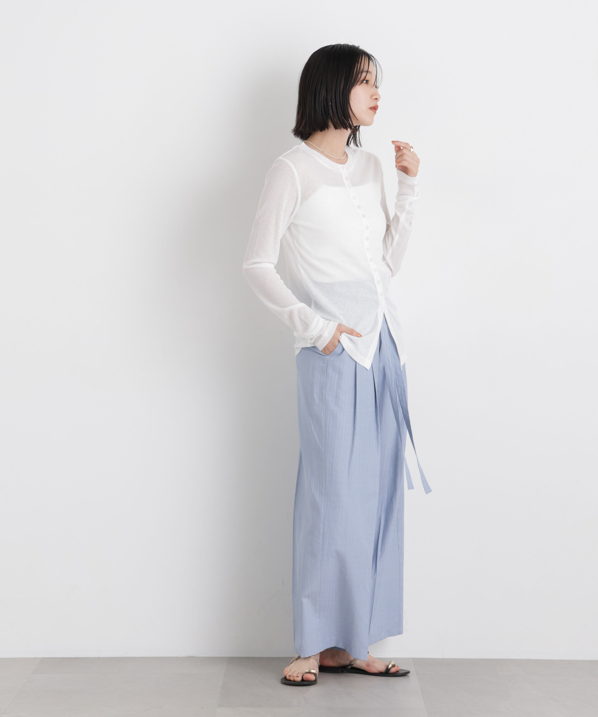 nano･universe「ドビーストライプベルト付タックワイドパンツ(セットアップ可)」|チノ|