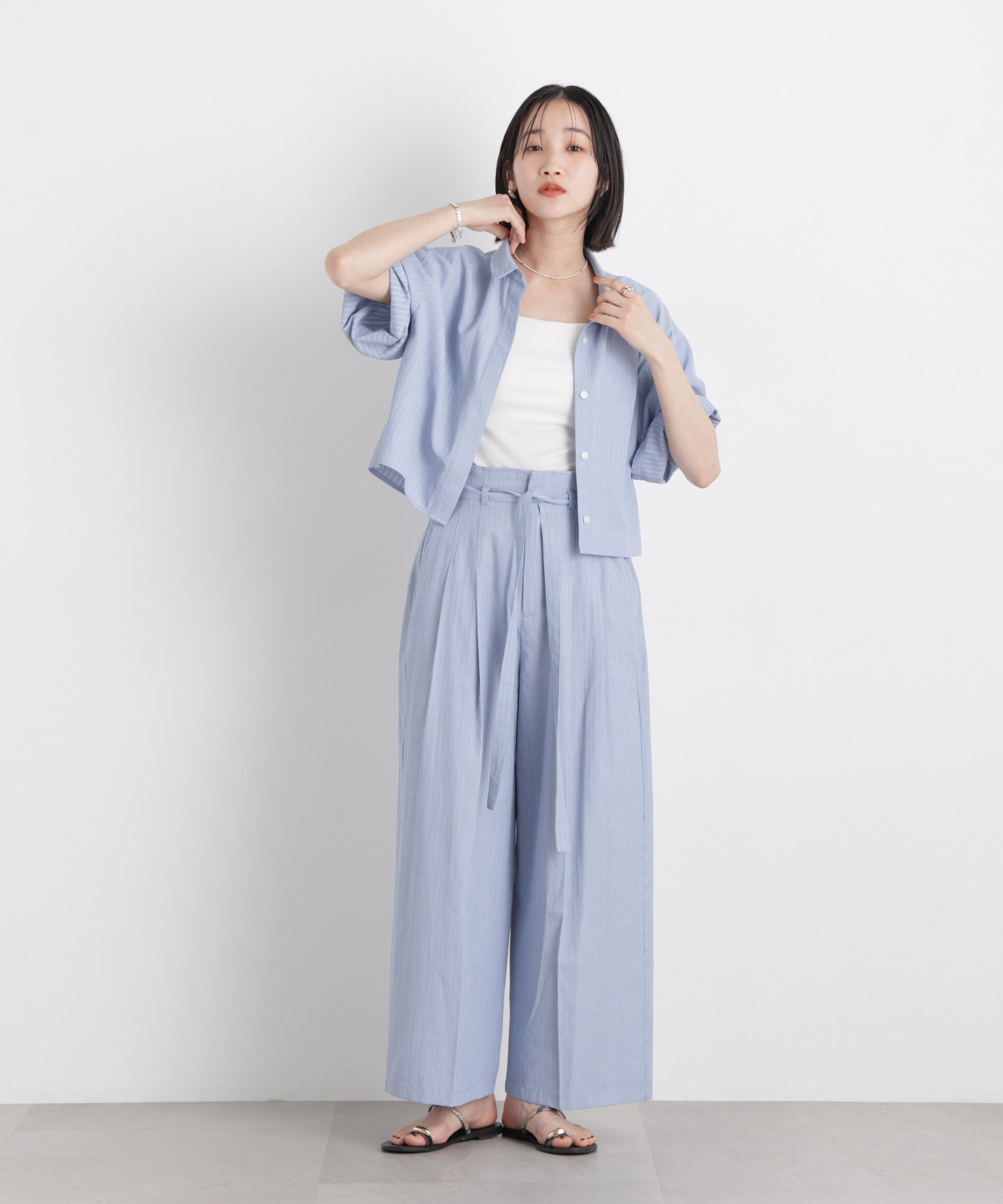 nano･universe「ドビーストライプベルト付タックワイドパンツ(セットアップ可)」|チノ|
