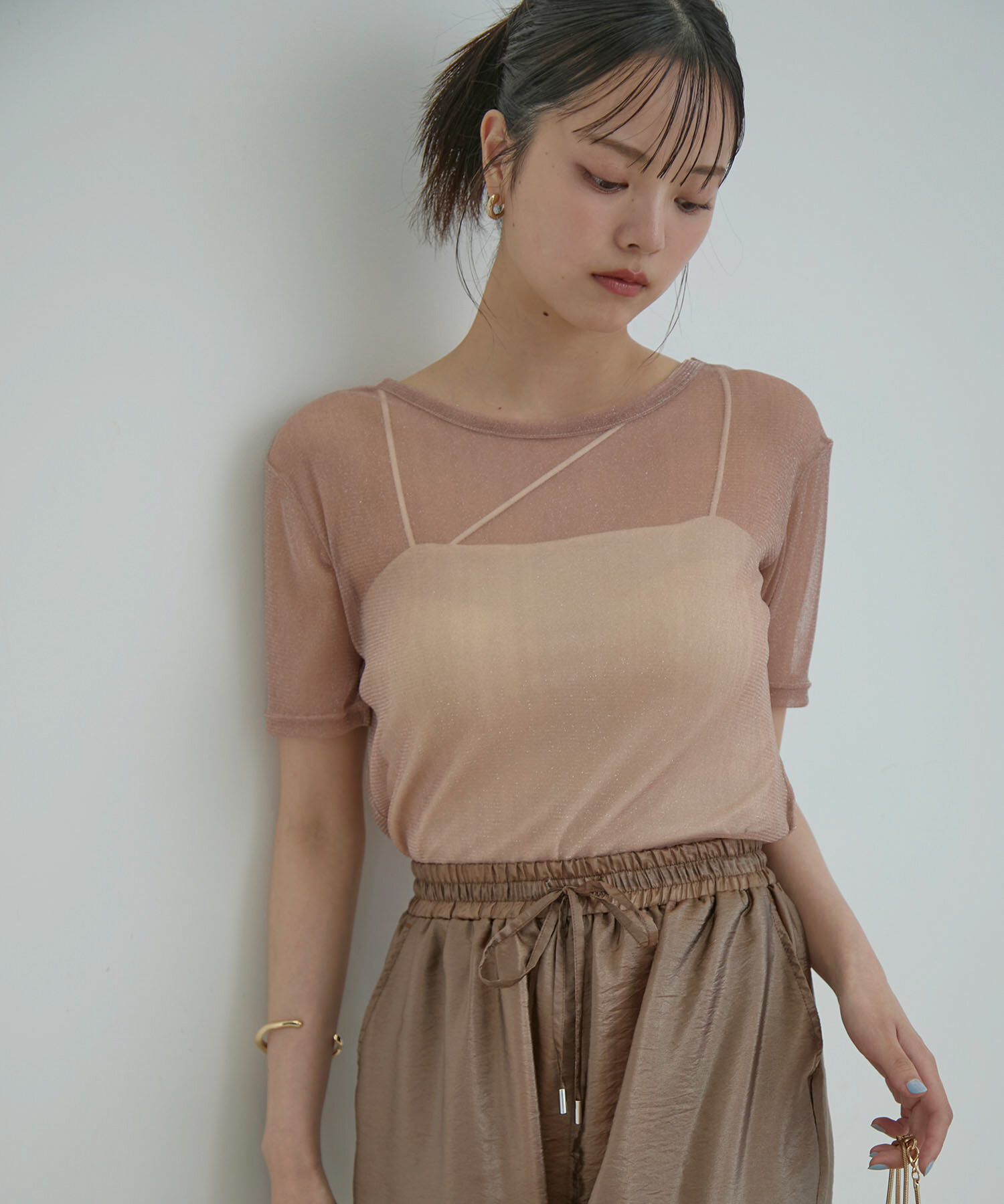 VIS「【洗える】シアーラメレイヤードTシャツ」|Tシャツ・カットソー|ピンク系(65)