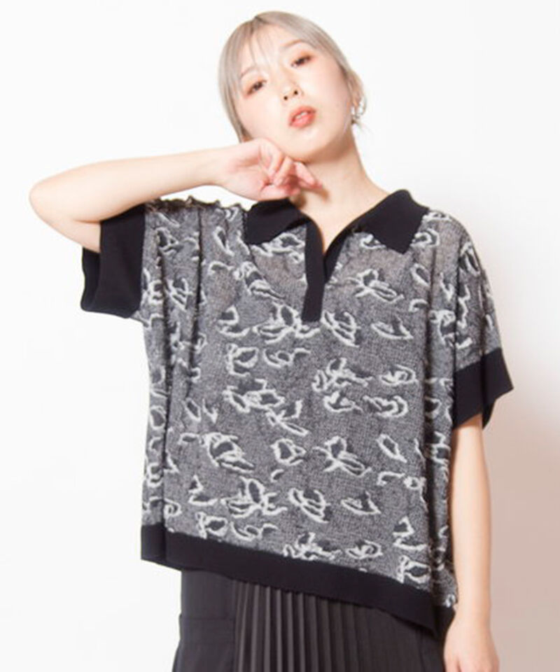  「スキッパージャガードニットプルオーバー」|ニット・セーター|BLACK