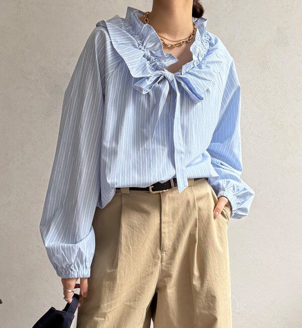  「【WEB限定】フリルカラーラグランブラウス」|シャツ・ブラウス|サックスブルー