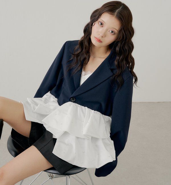  「【SALON by Chico】パールペプラムドッキングジャケット」|その他|ネイビー