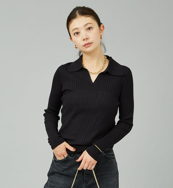 Rouge vif「シルク混ワイドリブポロニット」|ニット・セーター|