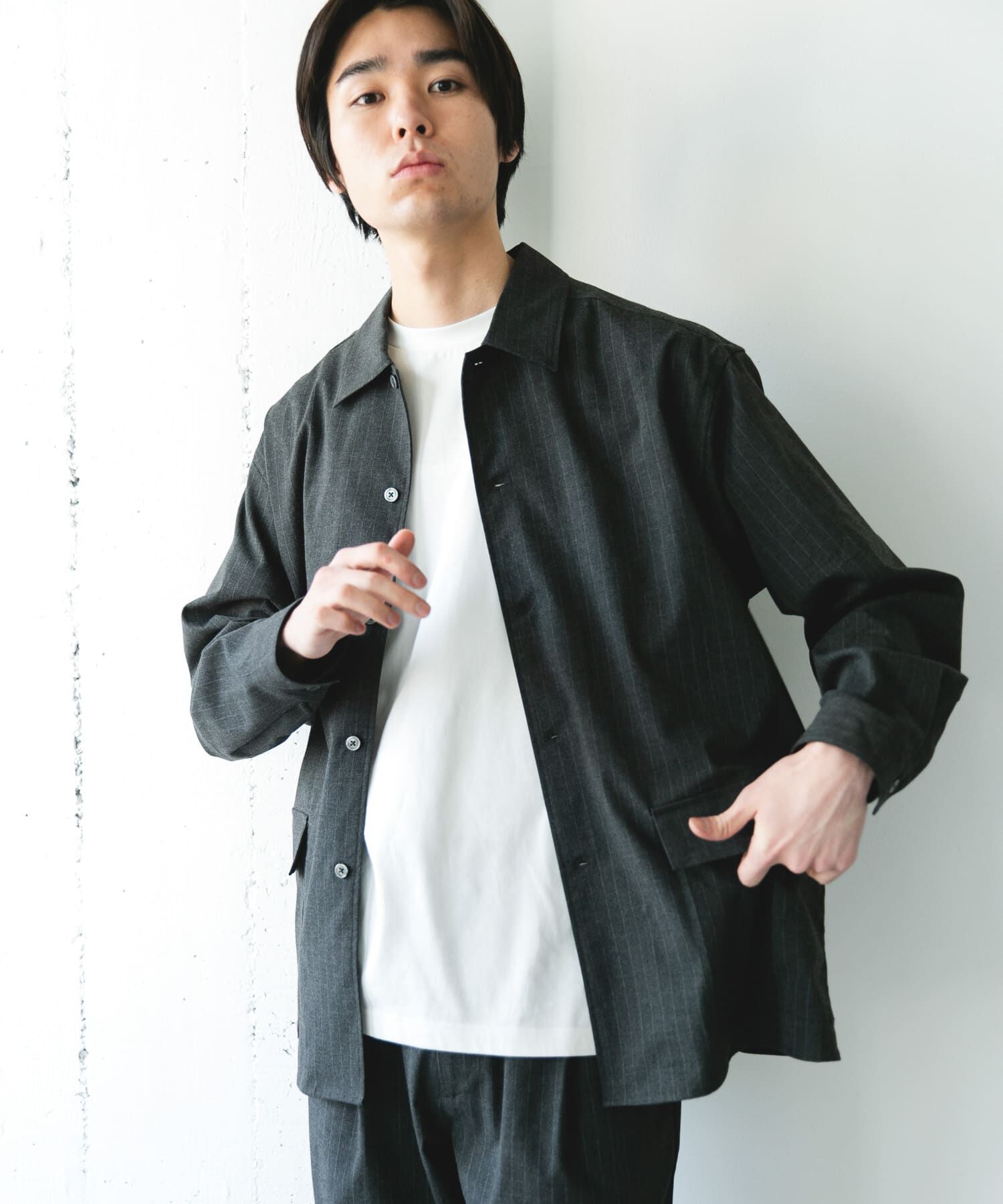 URBAN RESEARCH DOORS「ウールライクシャツジャケット」|ノーカラーコート|グレー系その他