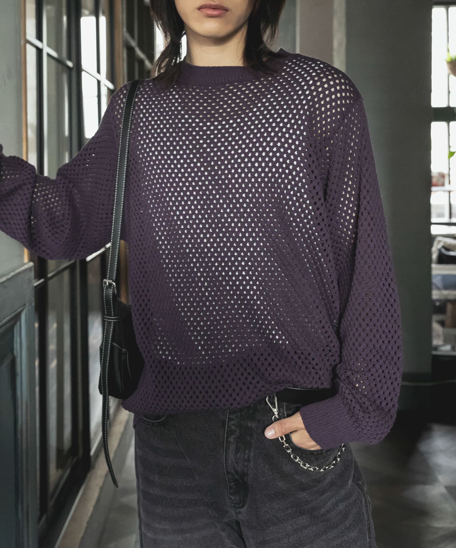 SENSE OF PLACE by URBAN RESEARCH「『洗濯可』シアーメッシュクルーネックニット」|ニット・セーター|パープル