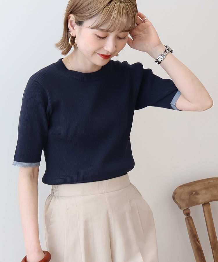 AMERICAN HOLIC「袖口バイカラー半袖ニットプルオーバー」|ニット・セーター|Navy