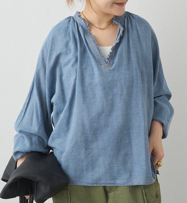  「襟元フリルシアーデニムブラウス」|シャツ・ブラウス|インディゴブルー