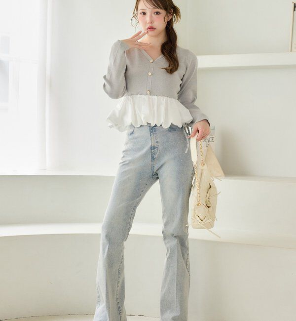  「【選べる4サイズ】サイドカットレース美脚ビジューデニム」|その他|