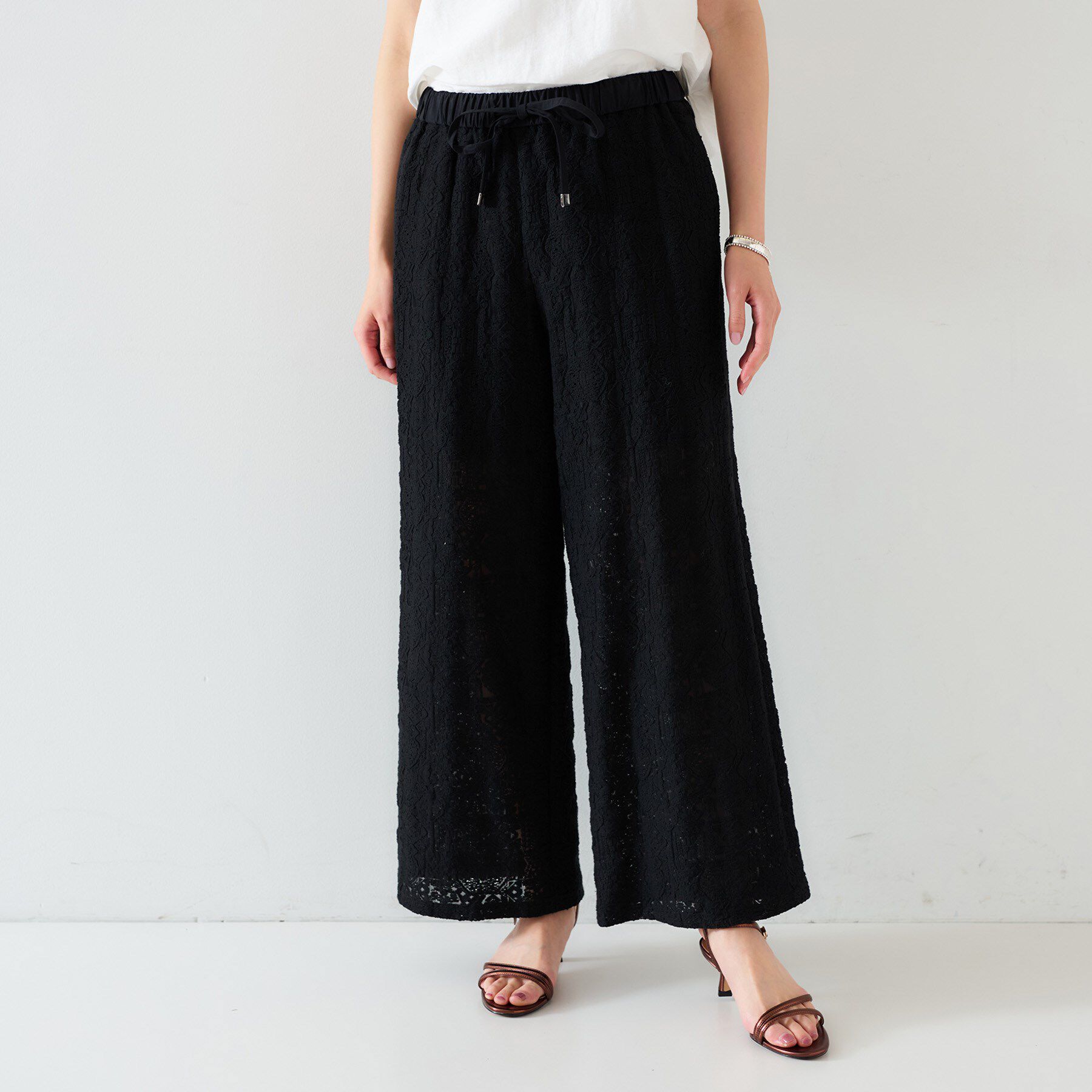 UNTITLED「【セットアップ可能/トレンド】クロシェ風レースワイドパンツ」|その他|ブラック(019)