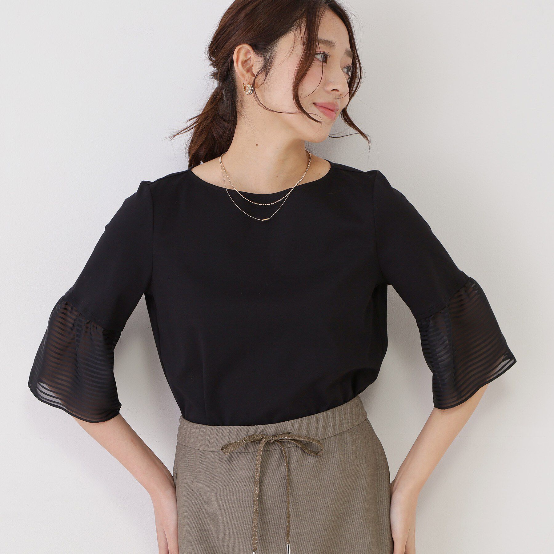 COUP DE CHANCE「【5分袖／日本製／接触冷感】異素材ドッキングカットソー」|Tシャツ・カットソー|ブラック(019)