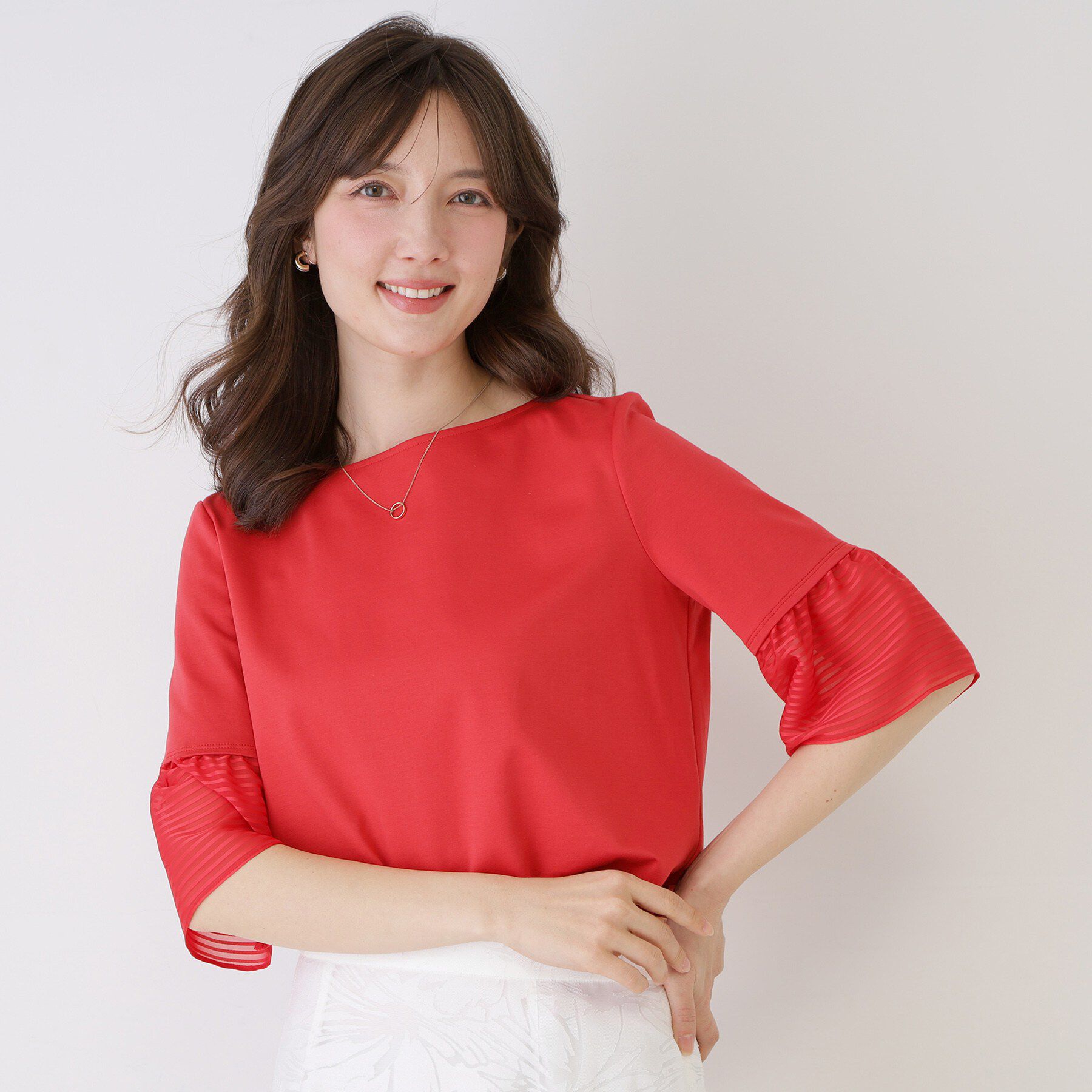 COUP DE CHANCE「【5分袖／日本製／接触冷感】異素材ドッキングカットソー」|Tシャツ・カットソー|レッド(074)