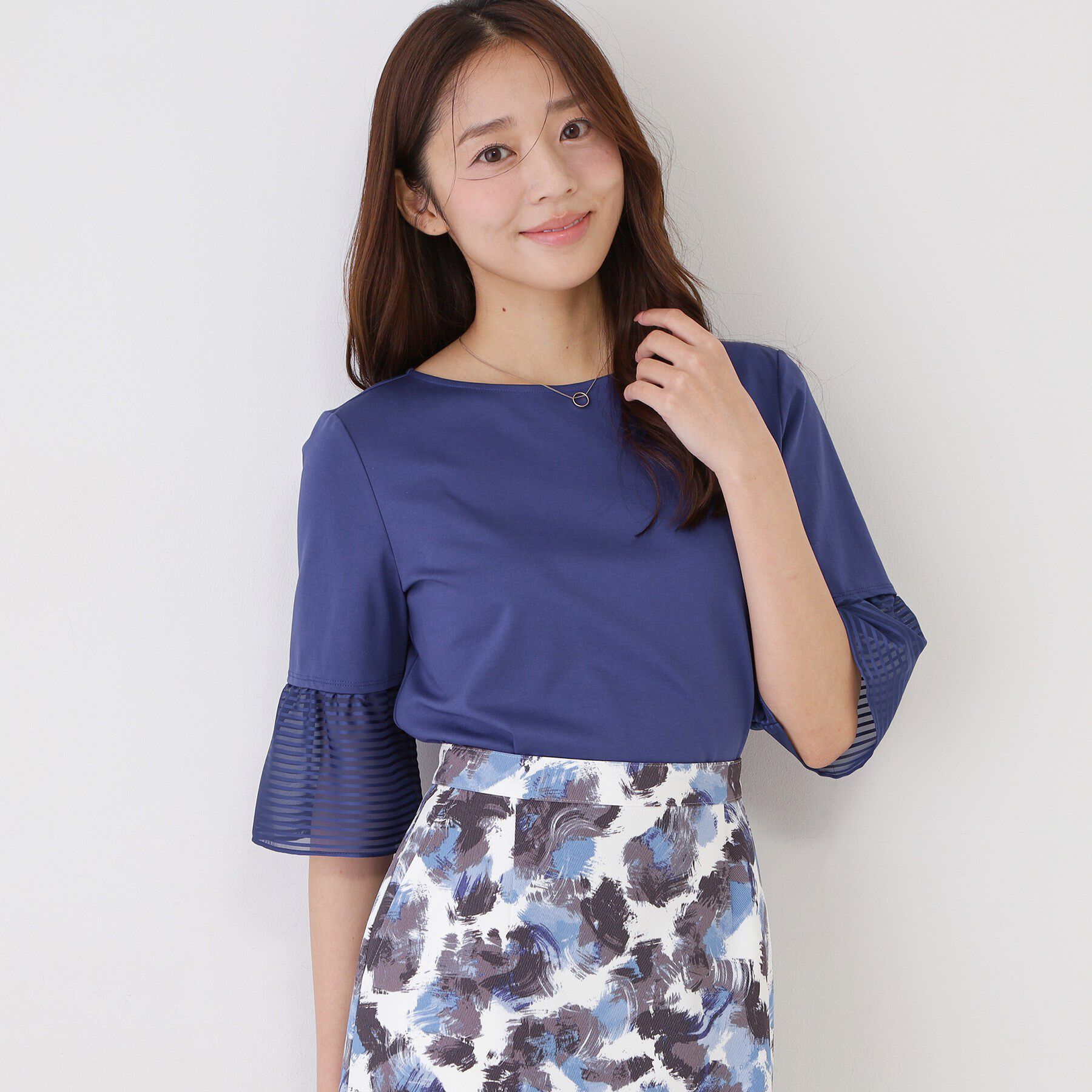 COUP DE CHANCE「【5分袖／日本製／接触冷感】異素材ドッキングカットソー」|Tシャツ・カットソー|ブルー(093)