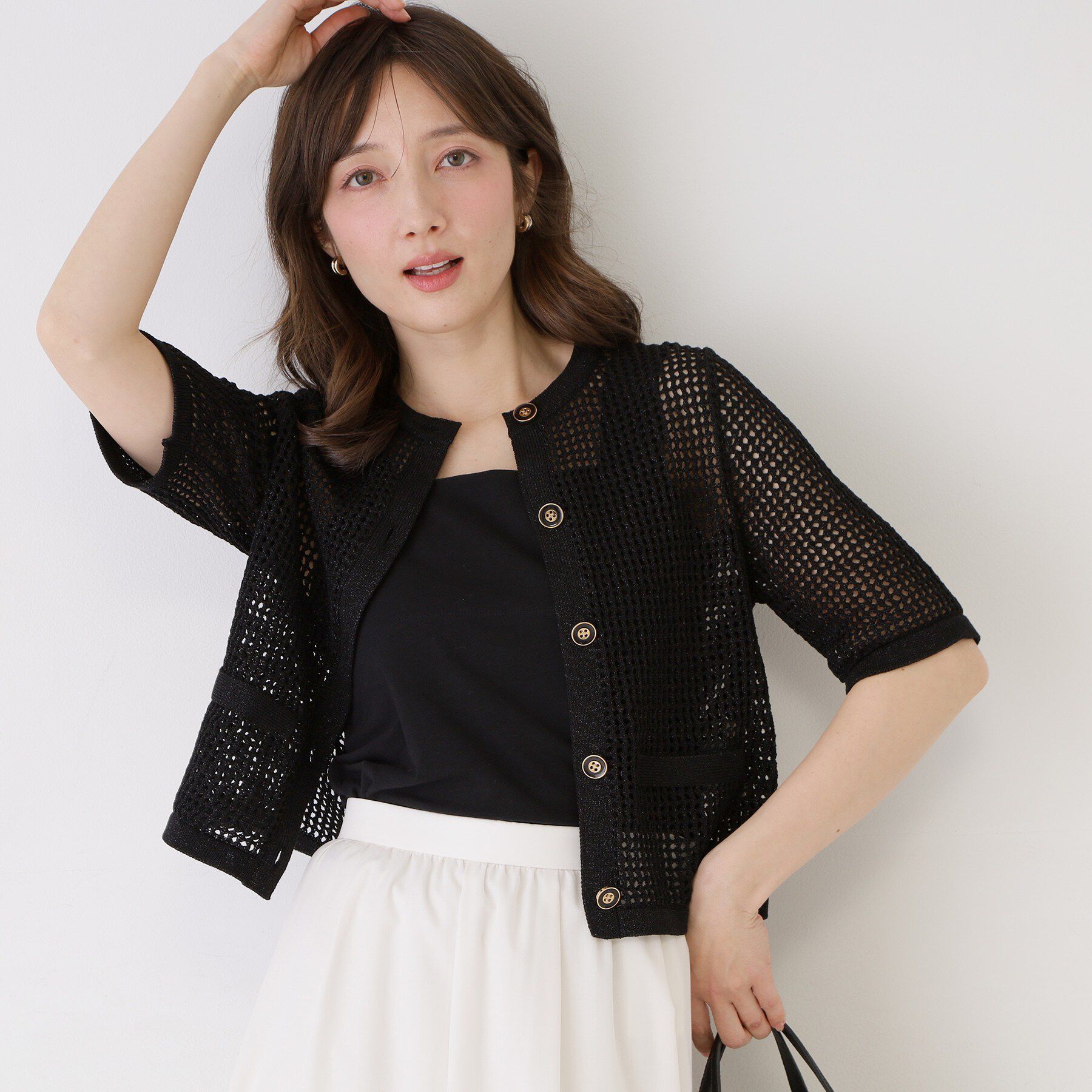 COUP DE CHANCE「【手洗い可／日本製】メッシュ編み半袖カーディガン」|カーディガン|ブラック(019)