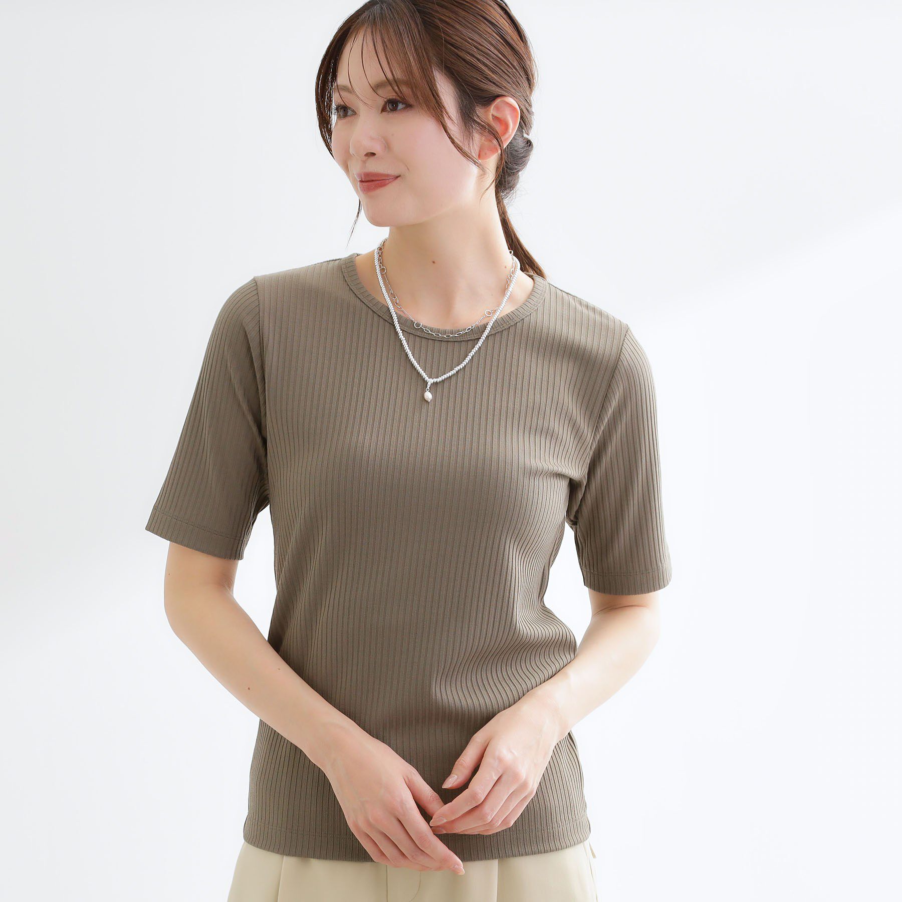 Reflect「【インナーにおすすめ◎】クルーネックストレッチリブトップス」|Tシャツ・カットソー|