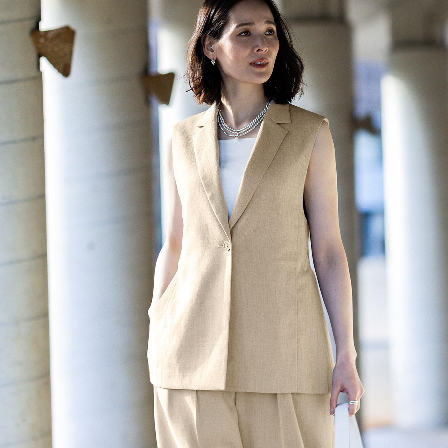 Reflect「【セットアップ可】リネンライクジレ」|ベスト・ジレ|ベージュ(052)