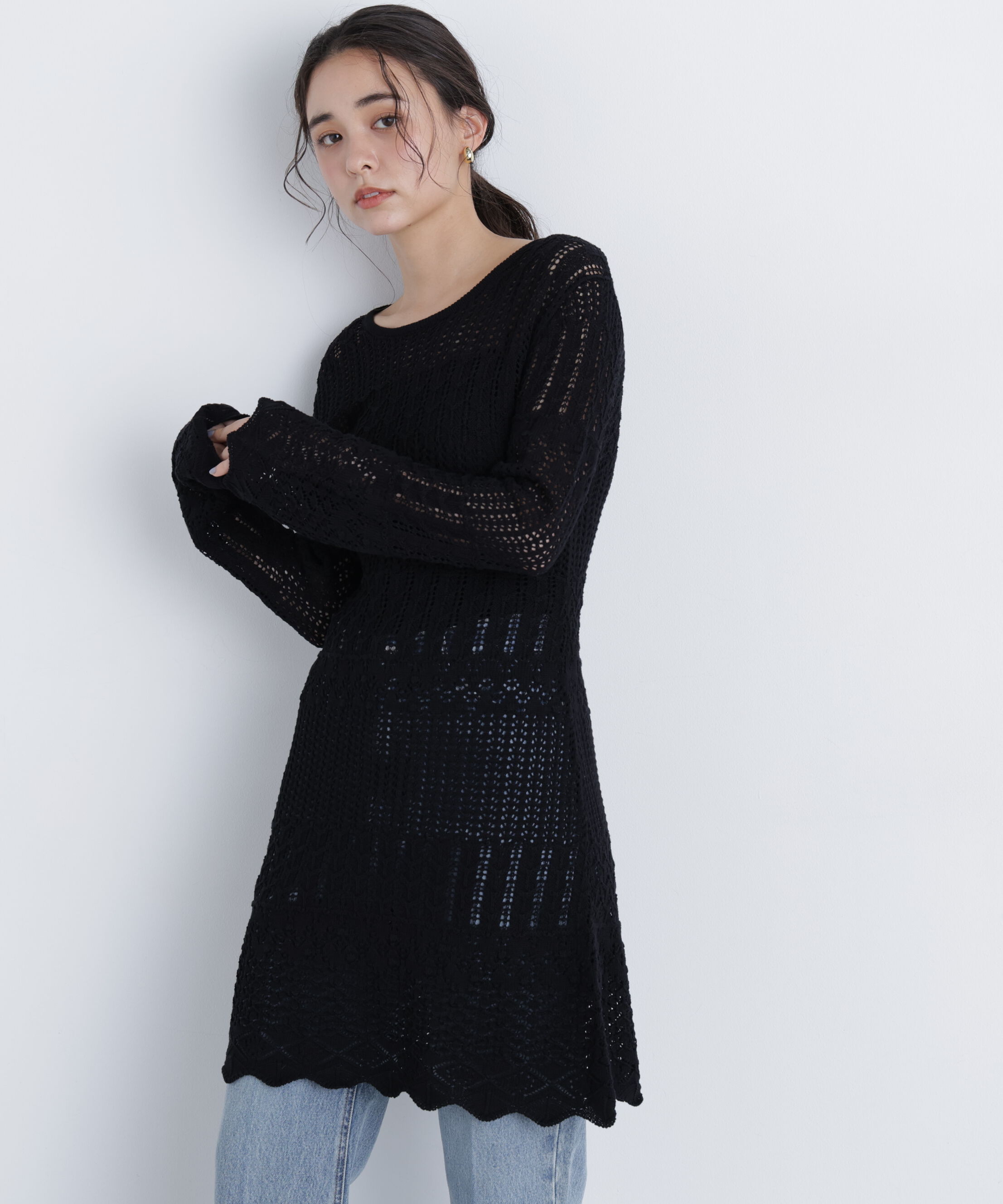  「〈N.〉透かし編みニットミニワンピース」|ワンピース|ブラック