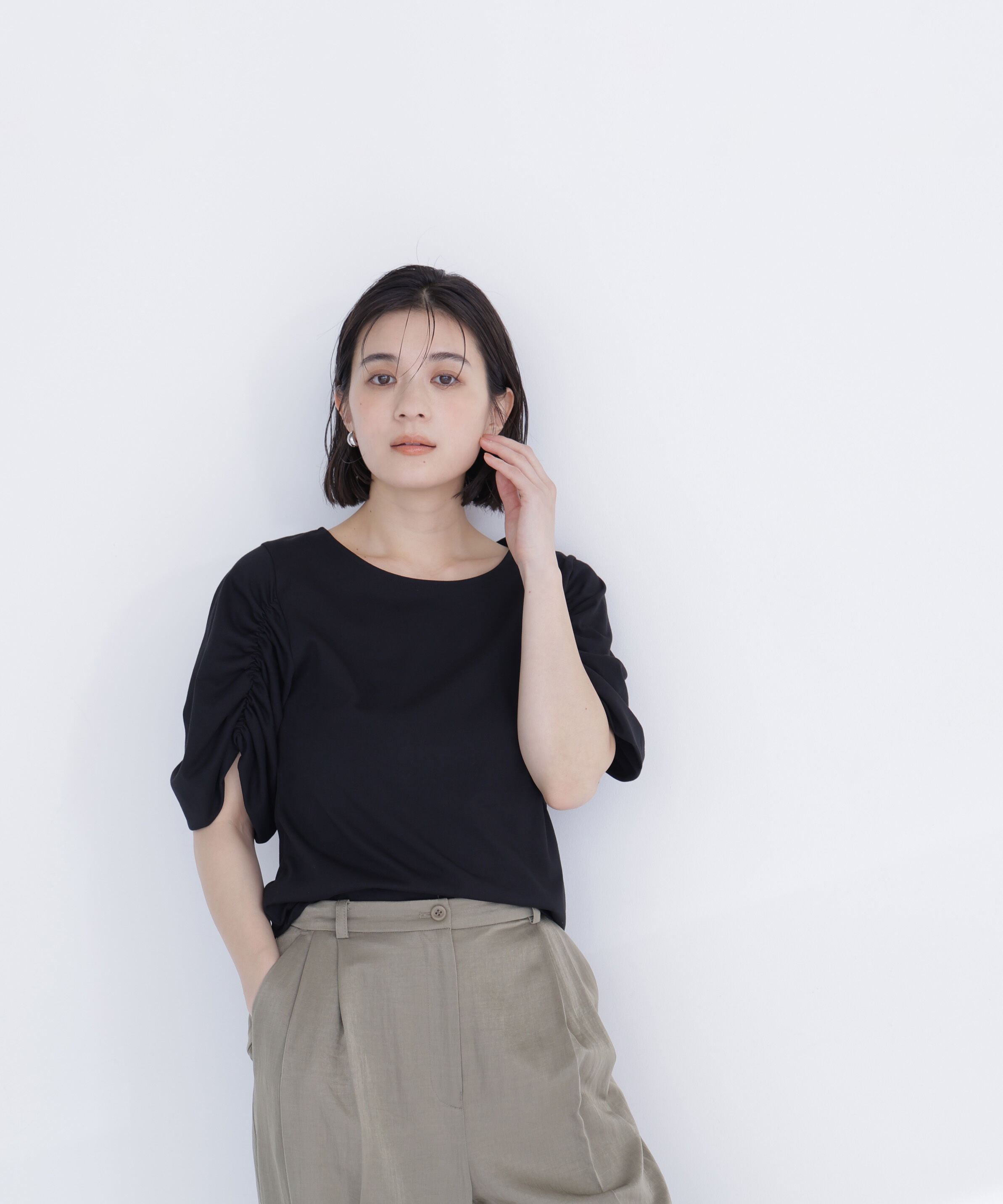  「ギャザースリーブカットソー」|Tシャツ・カットソー|ブラック