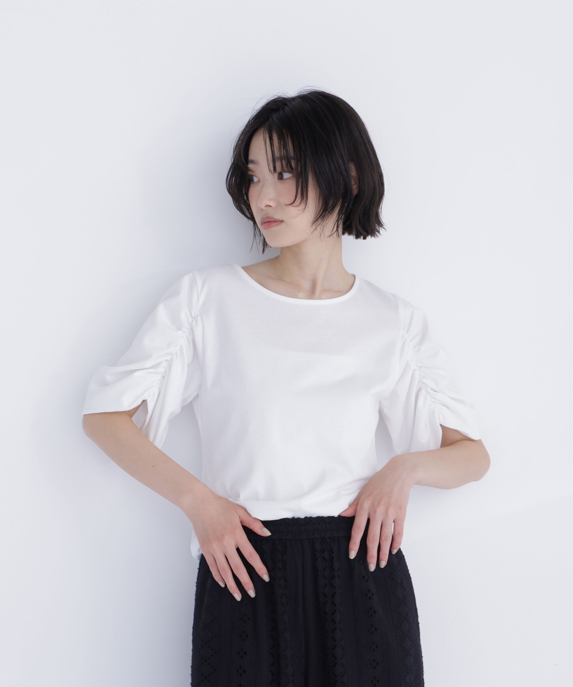  「ギャザースリーブカットソー」|Tシャツ・カットソー|