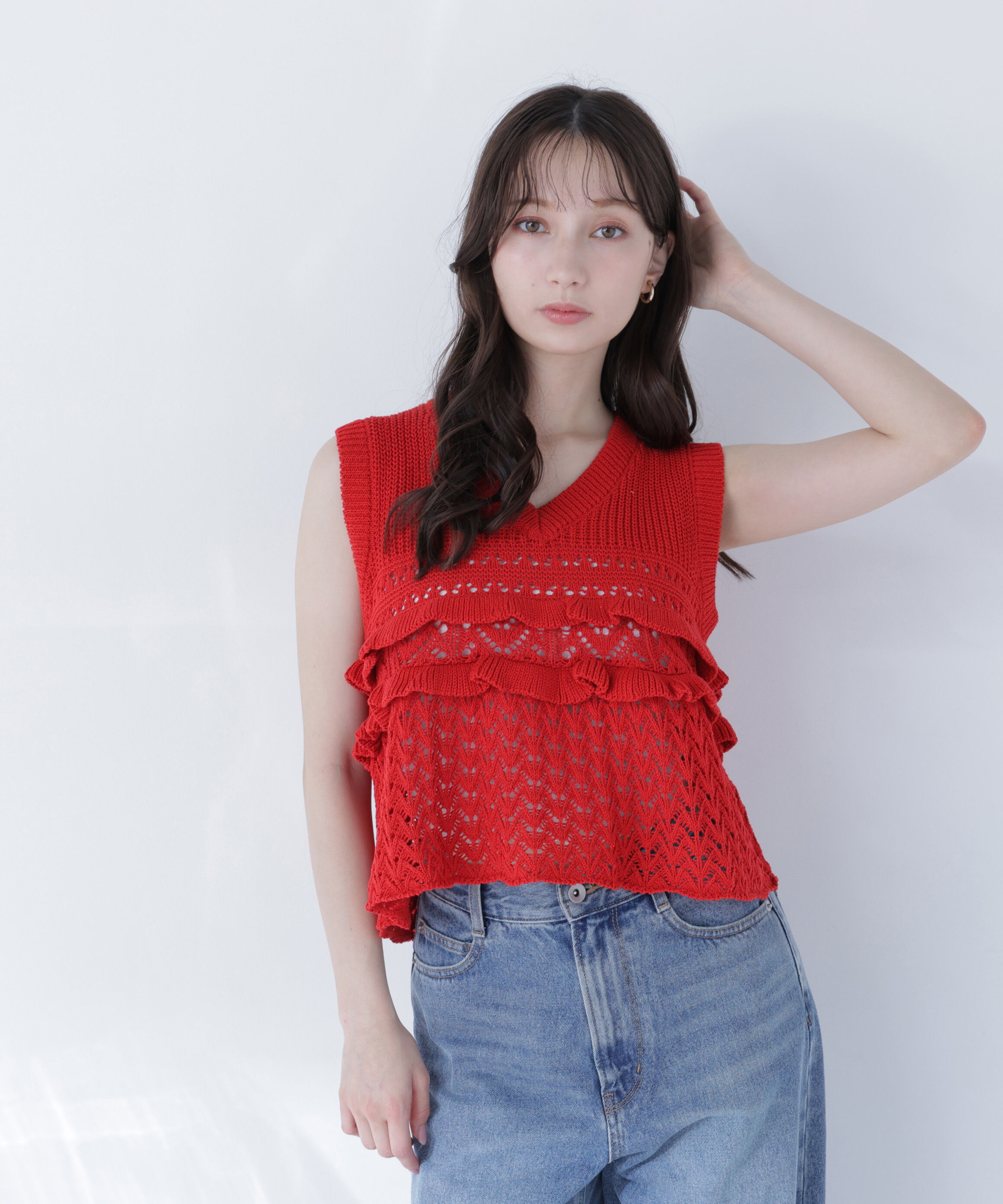  「Vネック透かし編みフリルニット」|ニット・セーター|