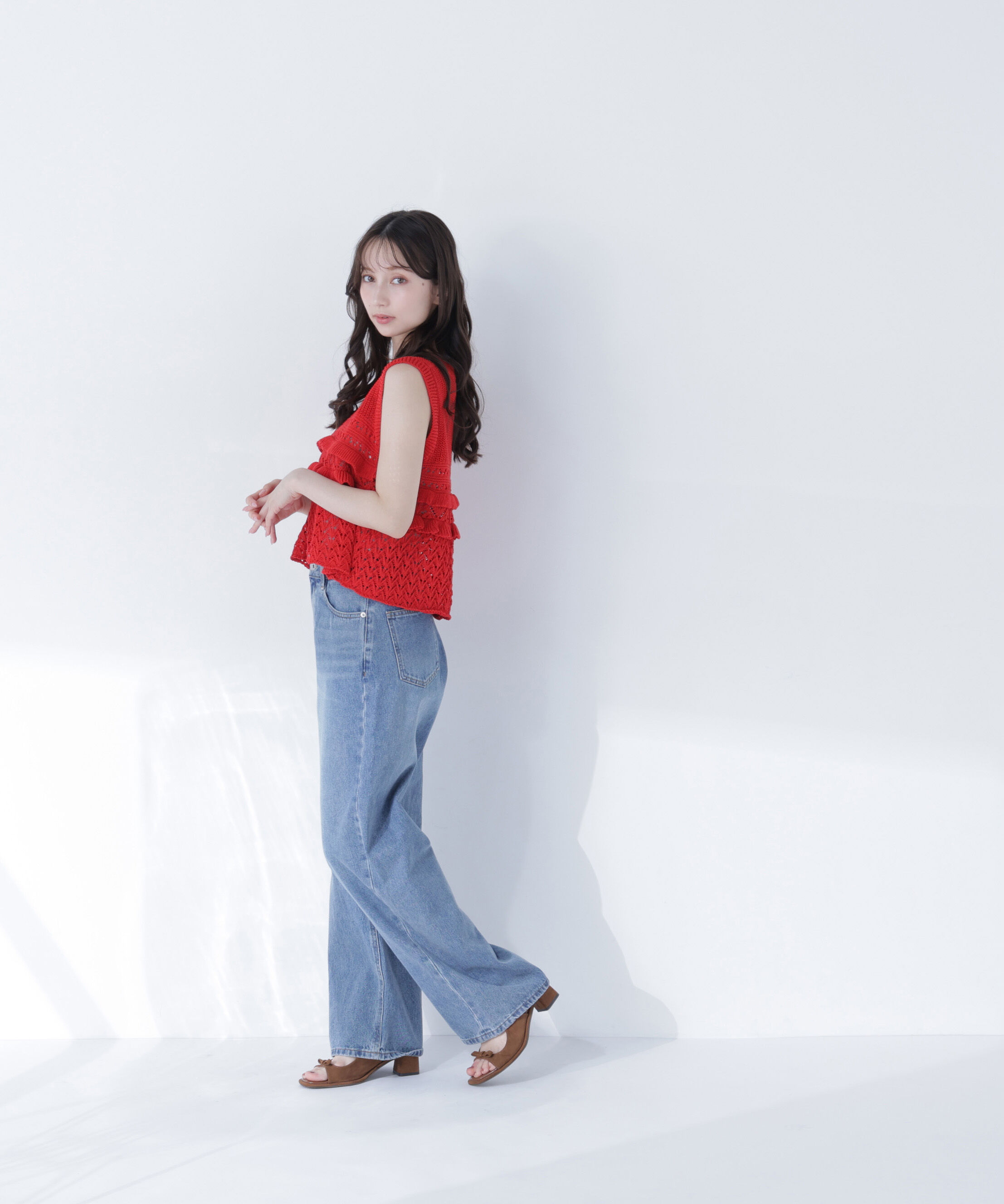  「Vネック透かし編みフリルニット」|ニット・セーター|