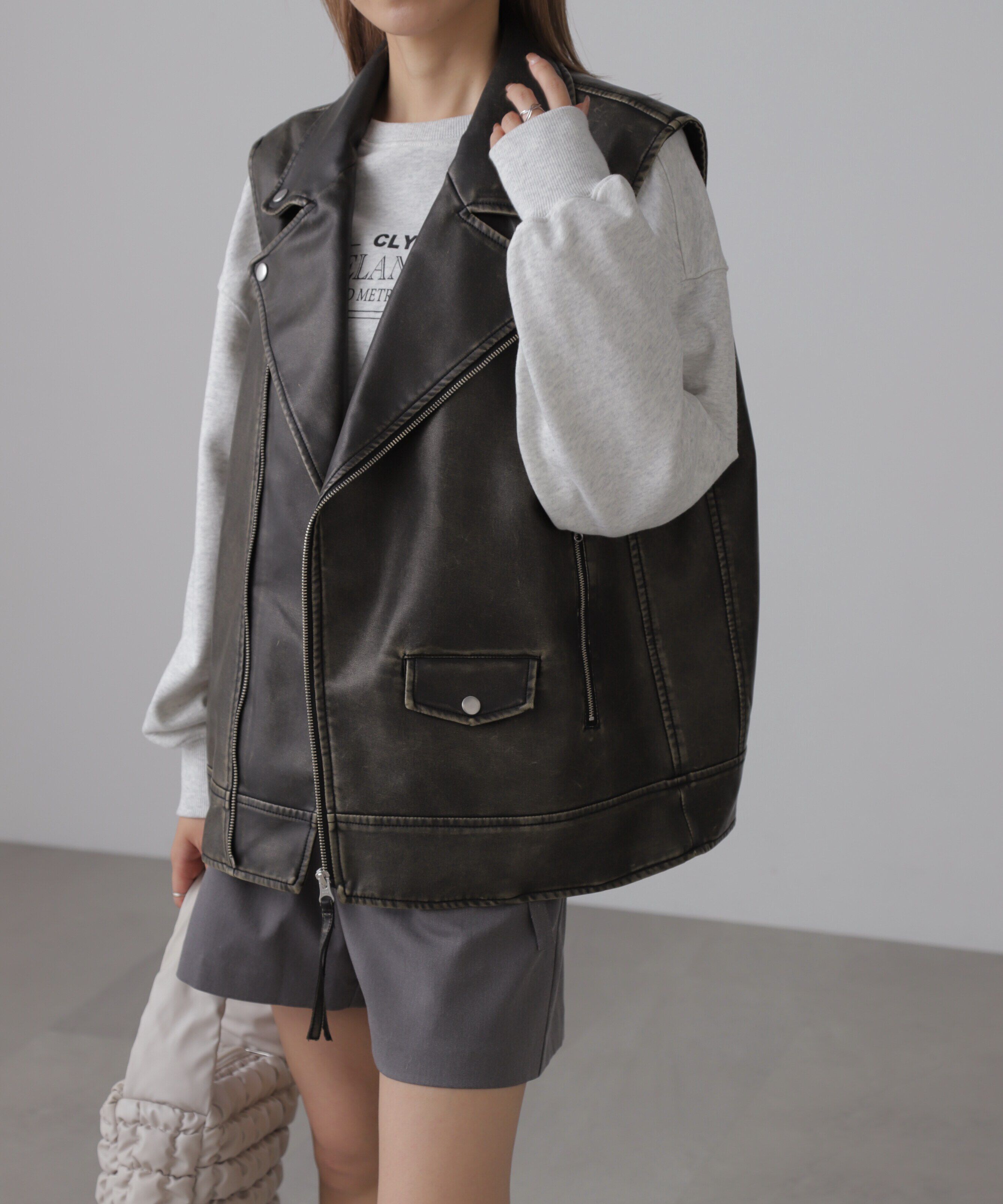  「フェイクレザーライダースジレ」|ブルゾン・スタジャン|ブラウン