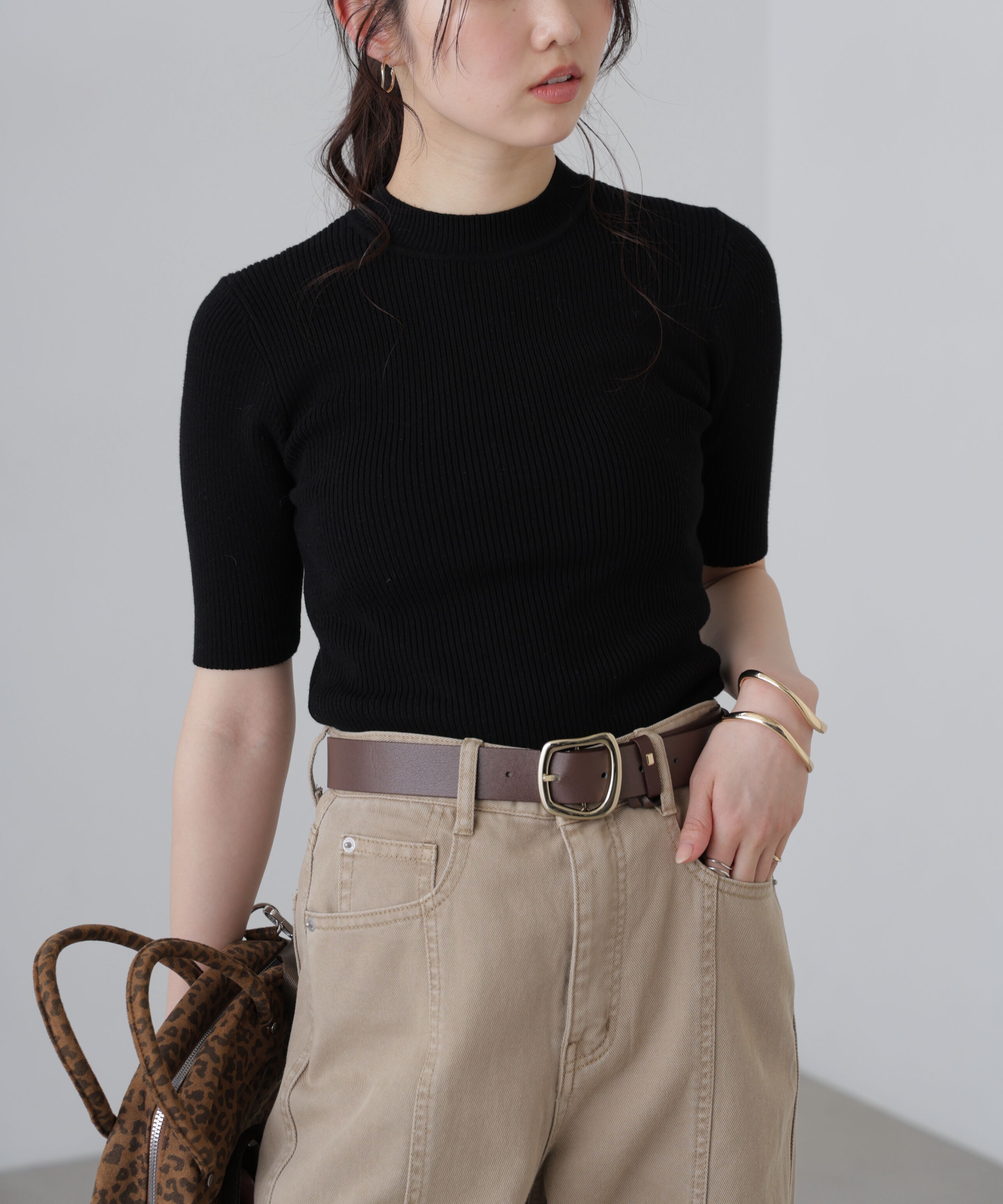  「〈洗える〉マシンウォッシャブルリブハイネック5分袖ニット」|ニット・セーター|ブラック