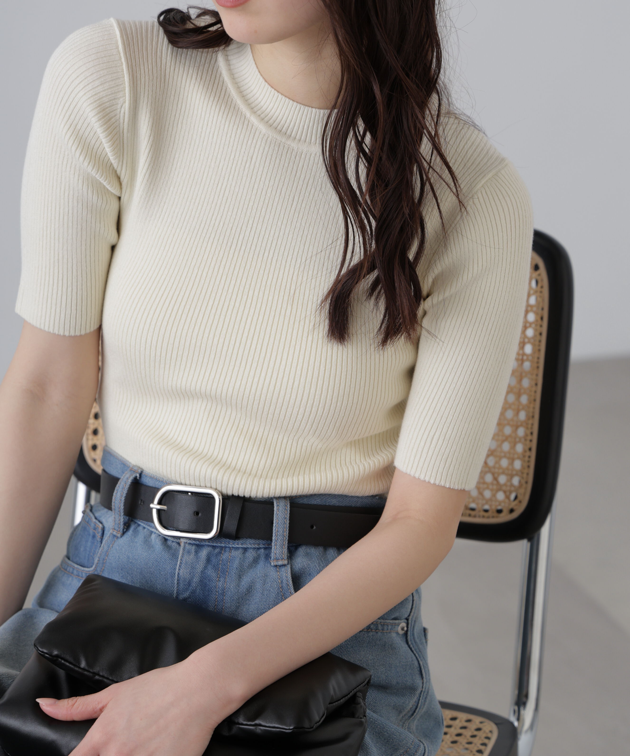  「〈洗える〉マシンウォッシャブルリブハイネック5分袖ニット」|ニット・セーター|