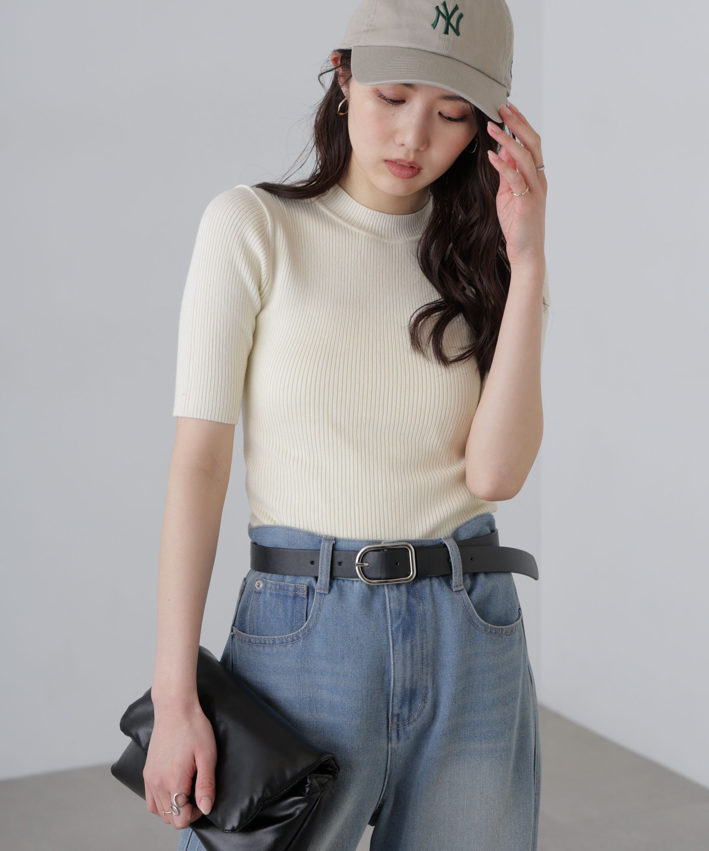  「〈洗える〉マシンウォッシャブルリブハイネック5分袖ニット」|ニット・セーター|