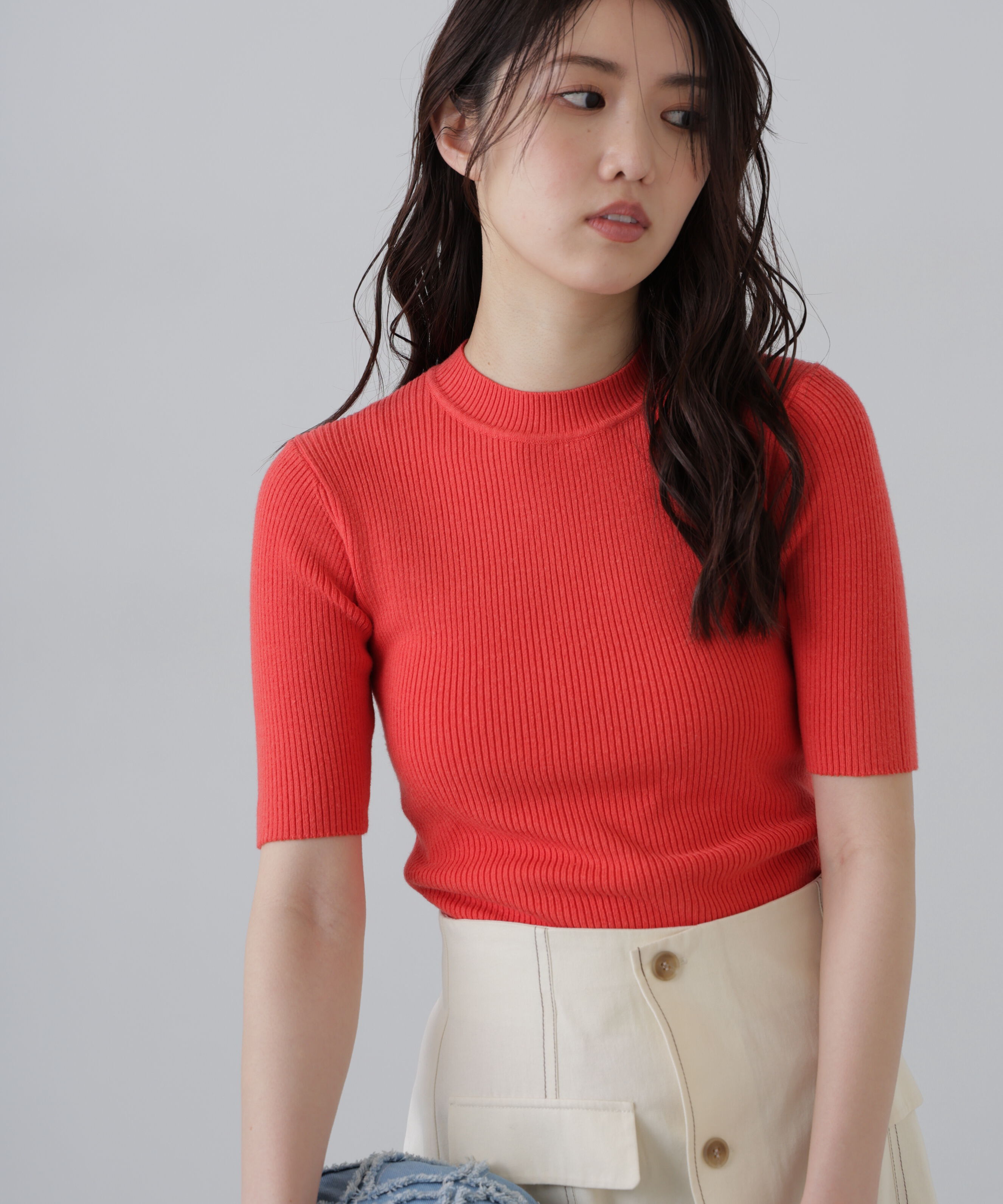  「〈洗える〉マシンウォッシャブルリブハイネック5分袖ニット」|ニット・セーター|