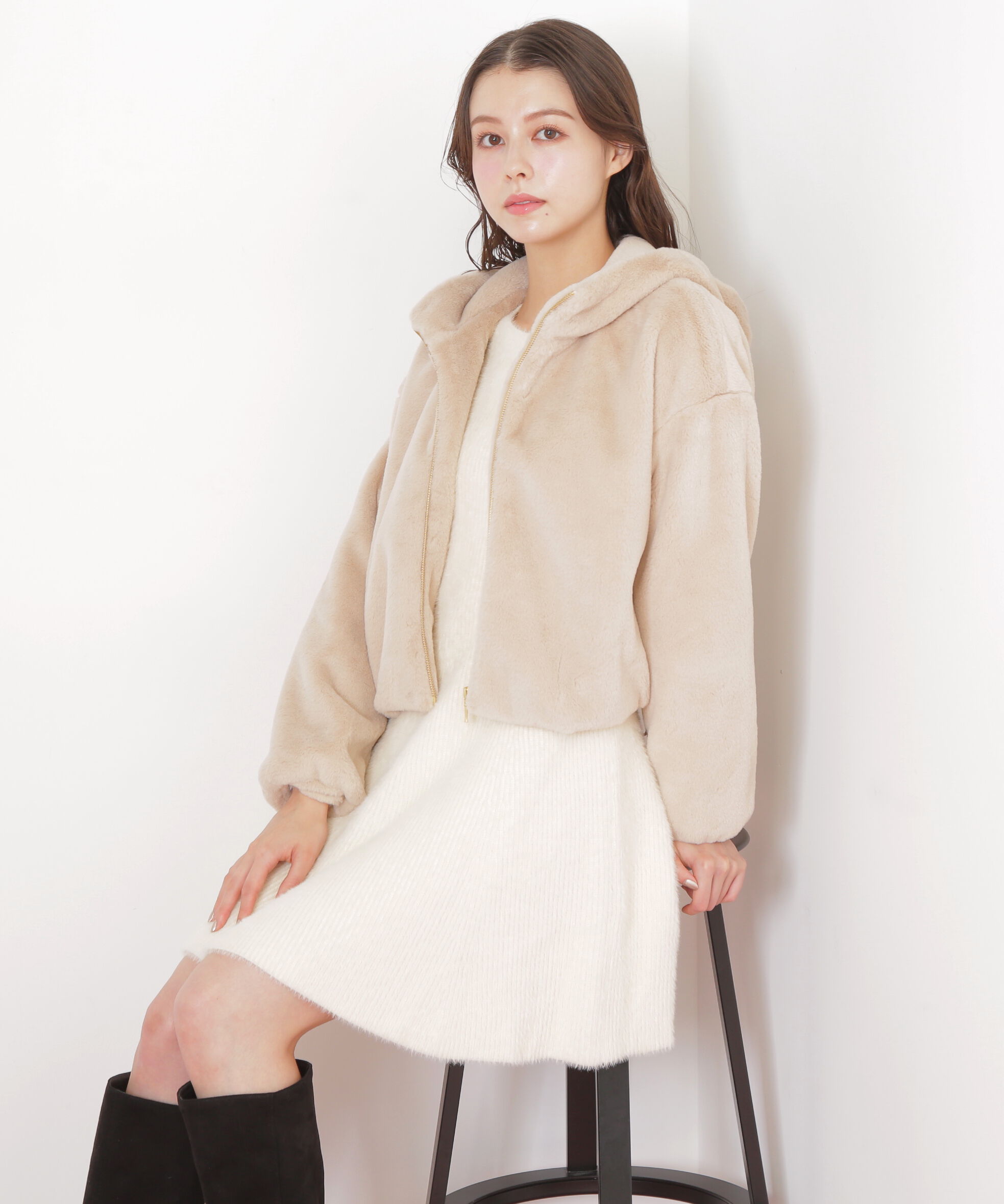  「フェイクファーフーディー」|その他|ベージュ