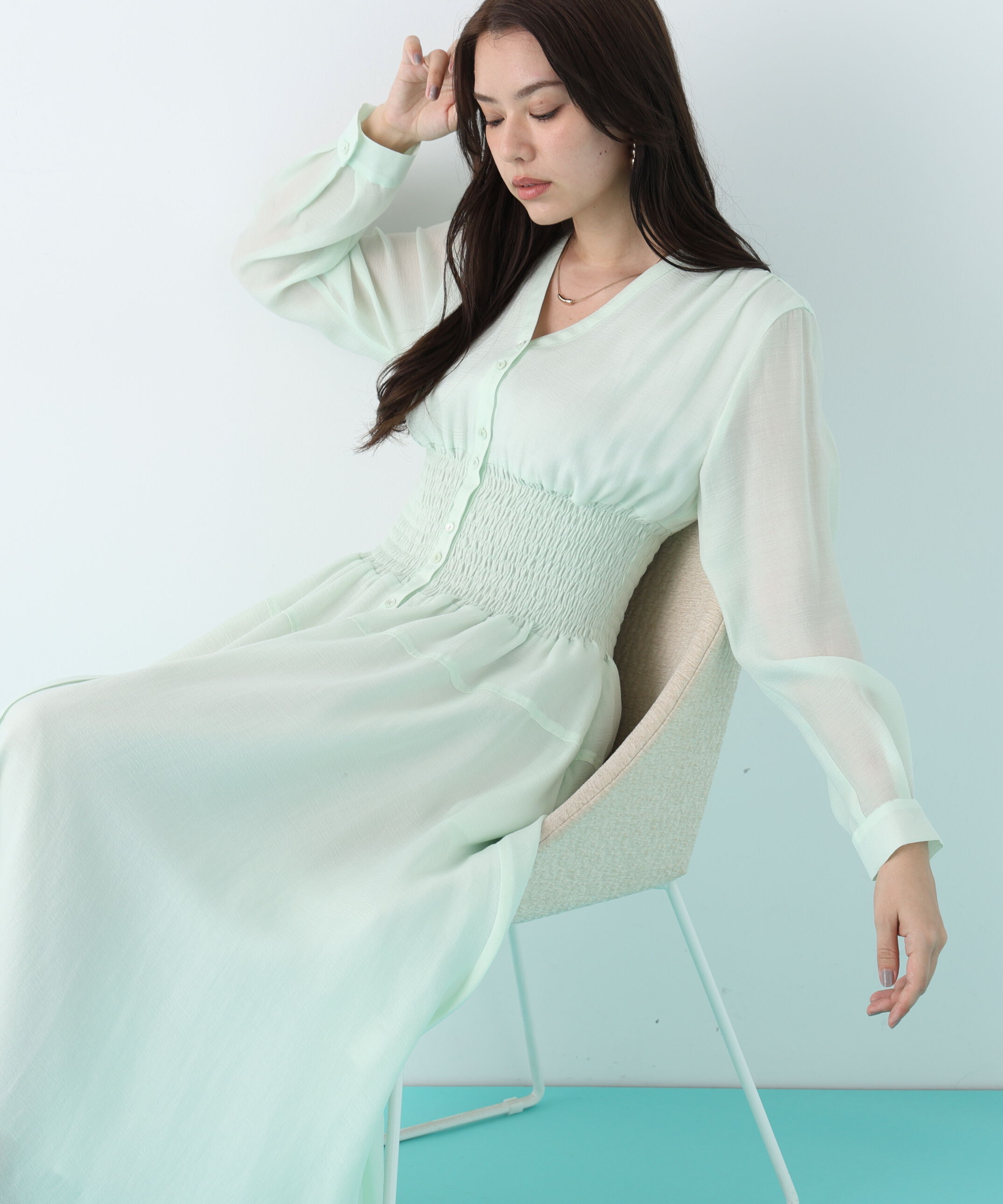  「ウエストシャーリングロングワンピース」|ワンピース|ミントグリー